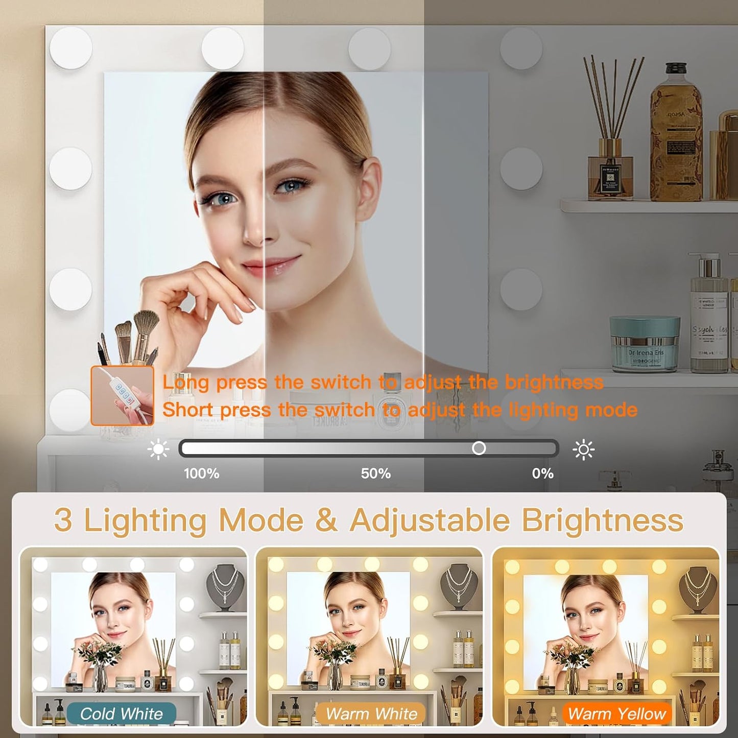 Quimoo Makeup Vanity Desk with Mirror & Lights, Vanity Desk with 5 Drawers & Storage Shelves, Vanity Table, 3 Color Modes & Adjustable Brightness Dressing Table, Bedroom, White