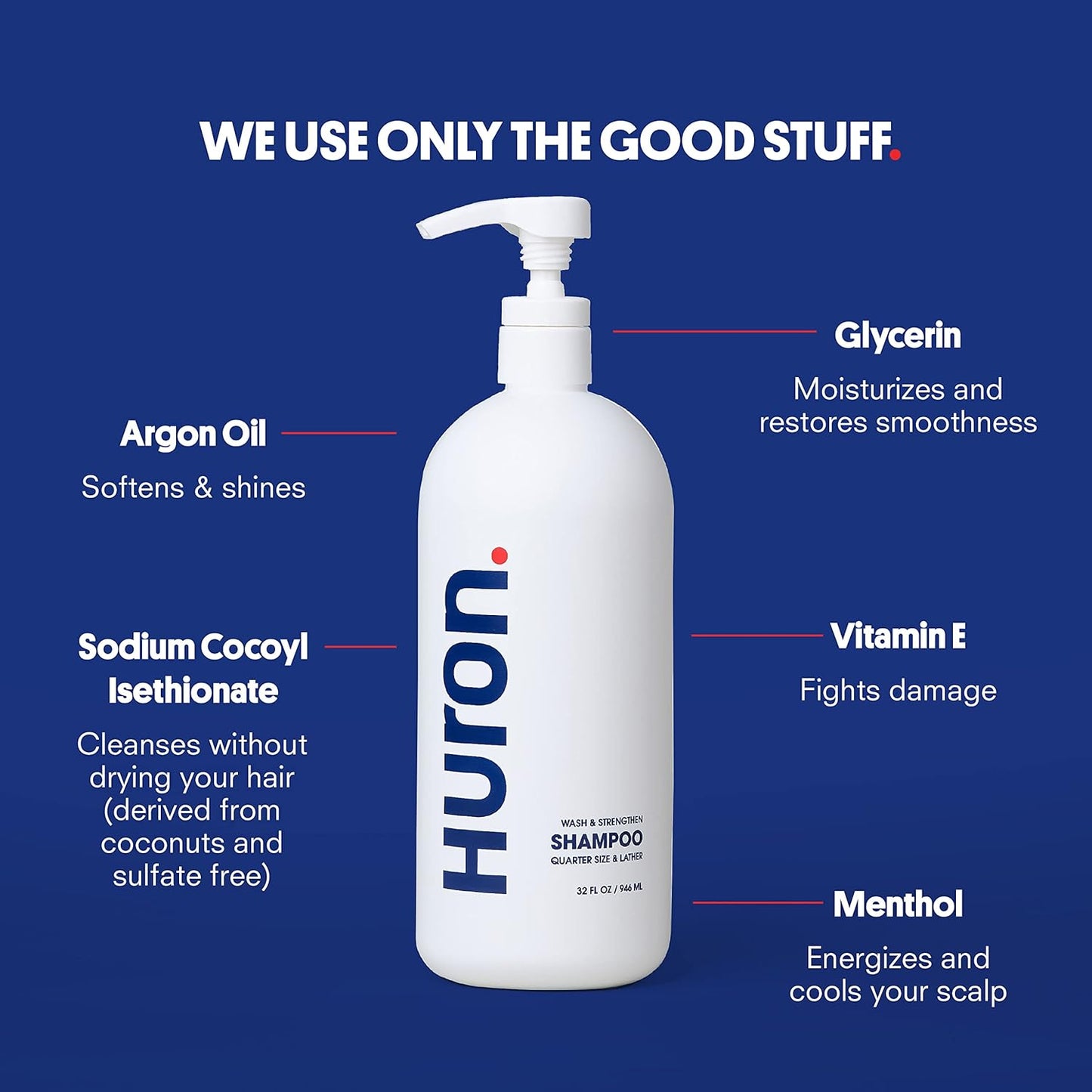 Huron Men's Fresh Scent Daily Shampoo - Keeps Hair Full & Strong - Nourishing Shampoo for Men's Hair with Argan Oil & Vitamins E and B7 - 32oz