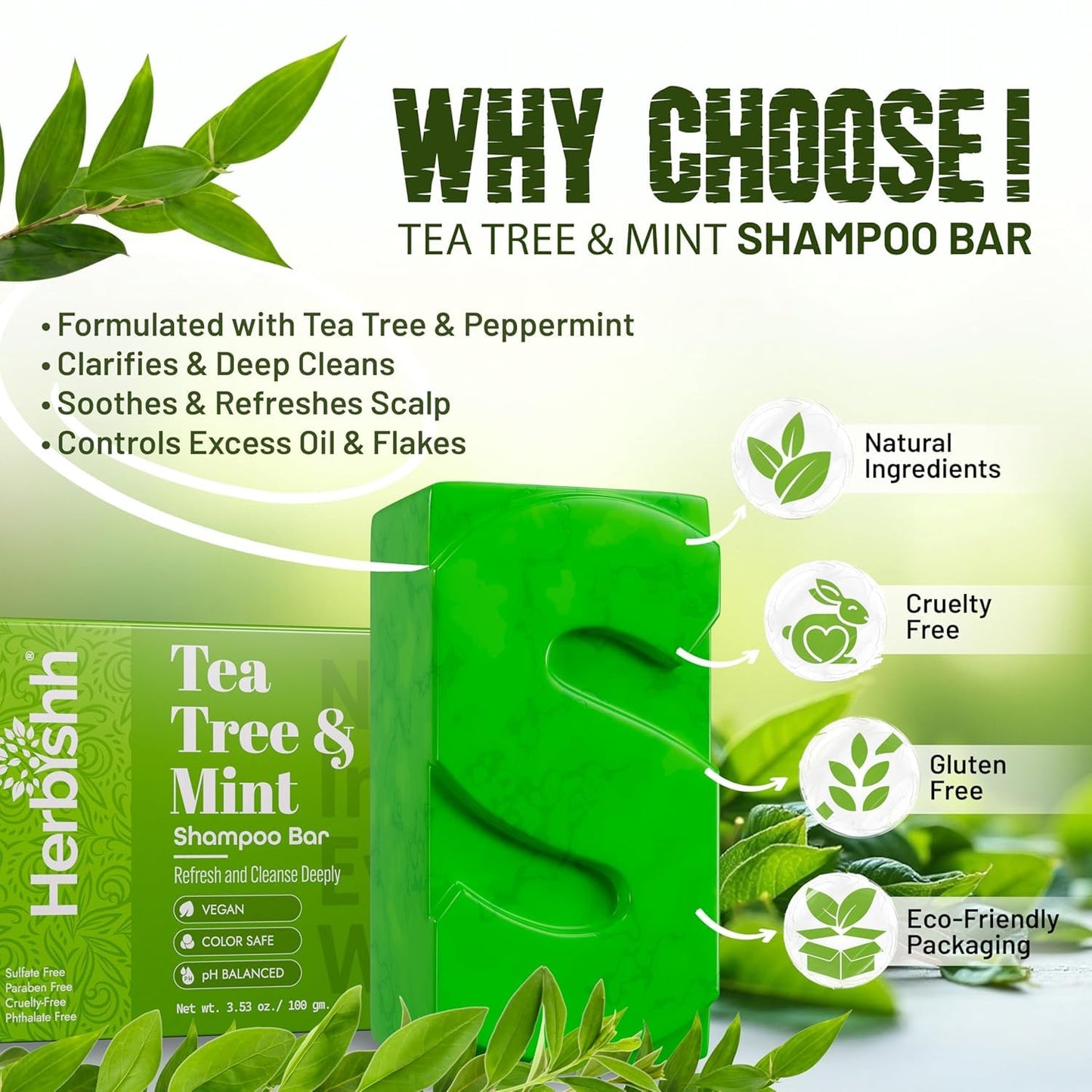 Herbishh Tea Tree & Mint Shampoo Bar – Tea Tree Oil Soap Bar for Oily Hair & Scalp Cleanse – Solid Travel Size Shampoo for Men & Women – Minty Deep Cleansing, 3.53 oz pk of 2
