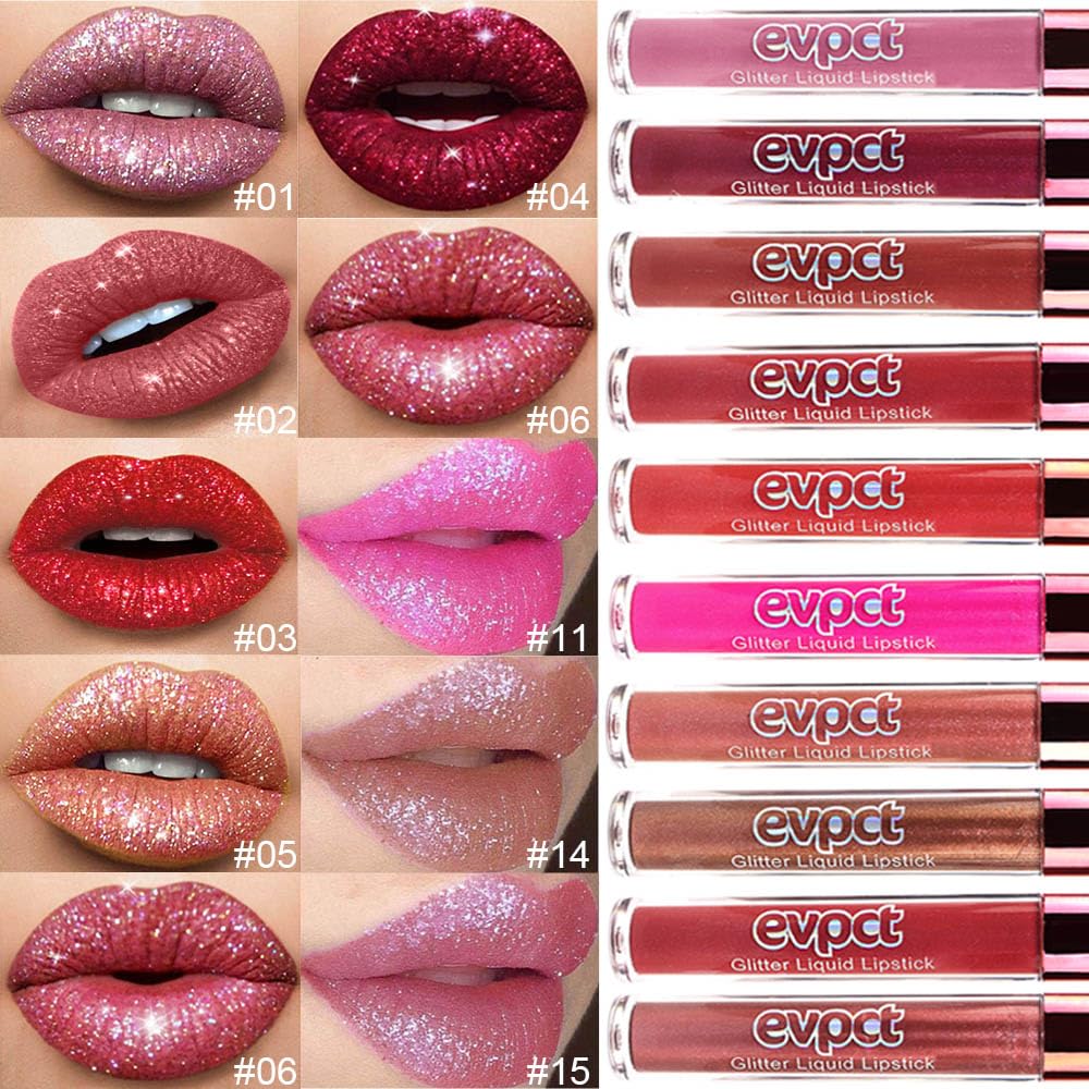 evpct 2Pcs Mauve & Dark Red Matte to Glitter Liquid Lipstick Set Kit for Women Long Lasting Glossy Metallic Shimmer Sparkle Lipstick Lip Gloss 01+04