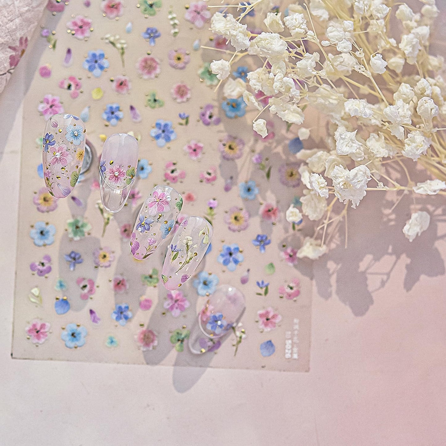 Dried Flower Nail Art Stickers Colorful Flowers Nail Decals for Acrylic Nails 3D Self Adhesive Glitter Designs Nail Sticker Cute Floral Nail Decal Spring Summer Manicure Supplies for Women DIY Decor