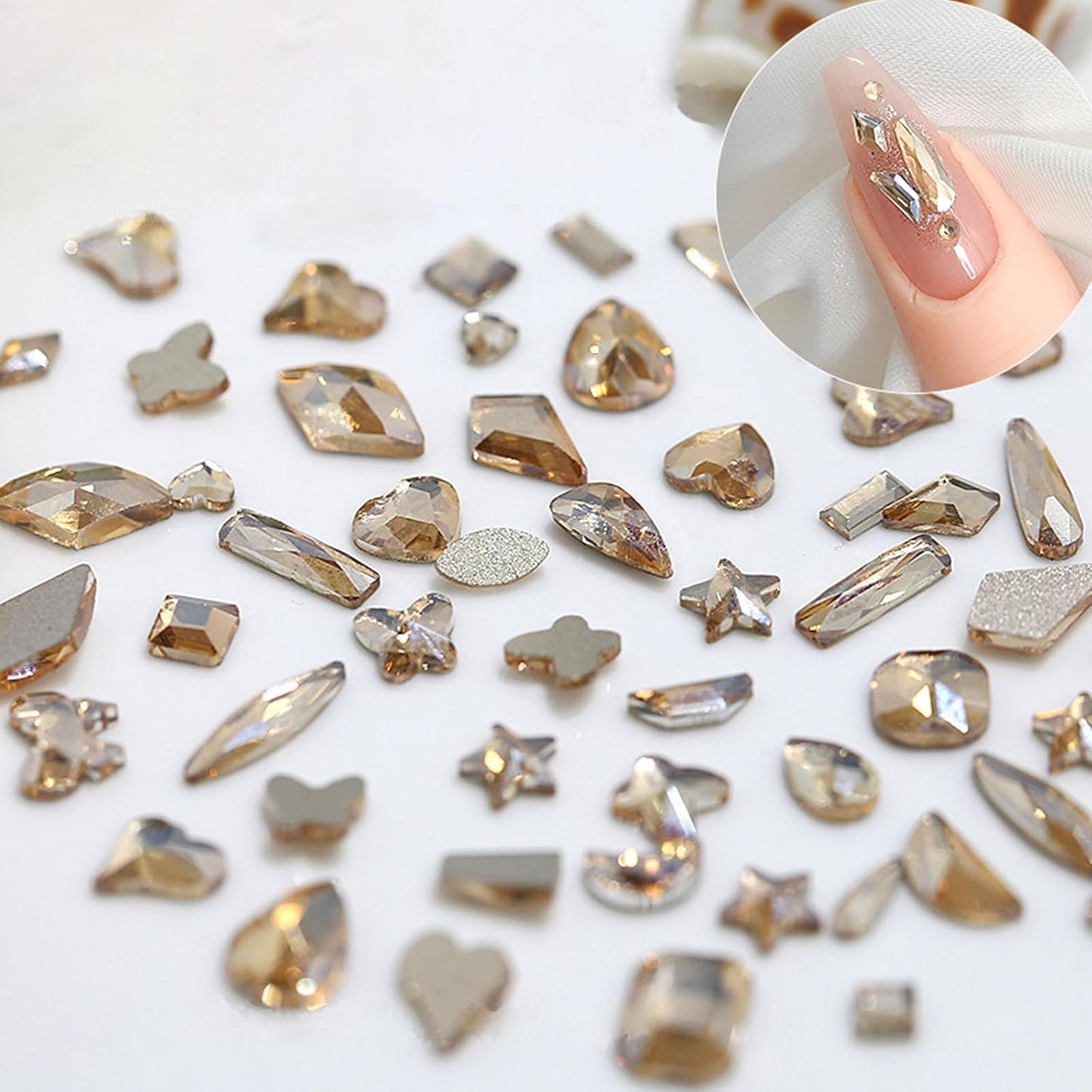 Nail Rhinestones Kit, 18 Types of 900 Special-Shaped Nail Diamonds + 3200 Flat-Bottomed Rhinestones, Champagne Crystals DIY Crafts Gold Gemstones for Nail Art Design