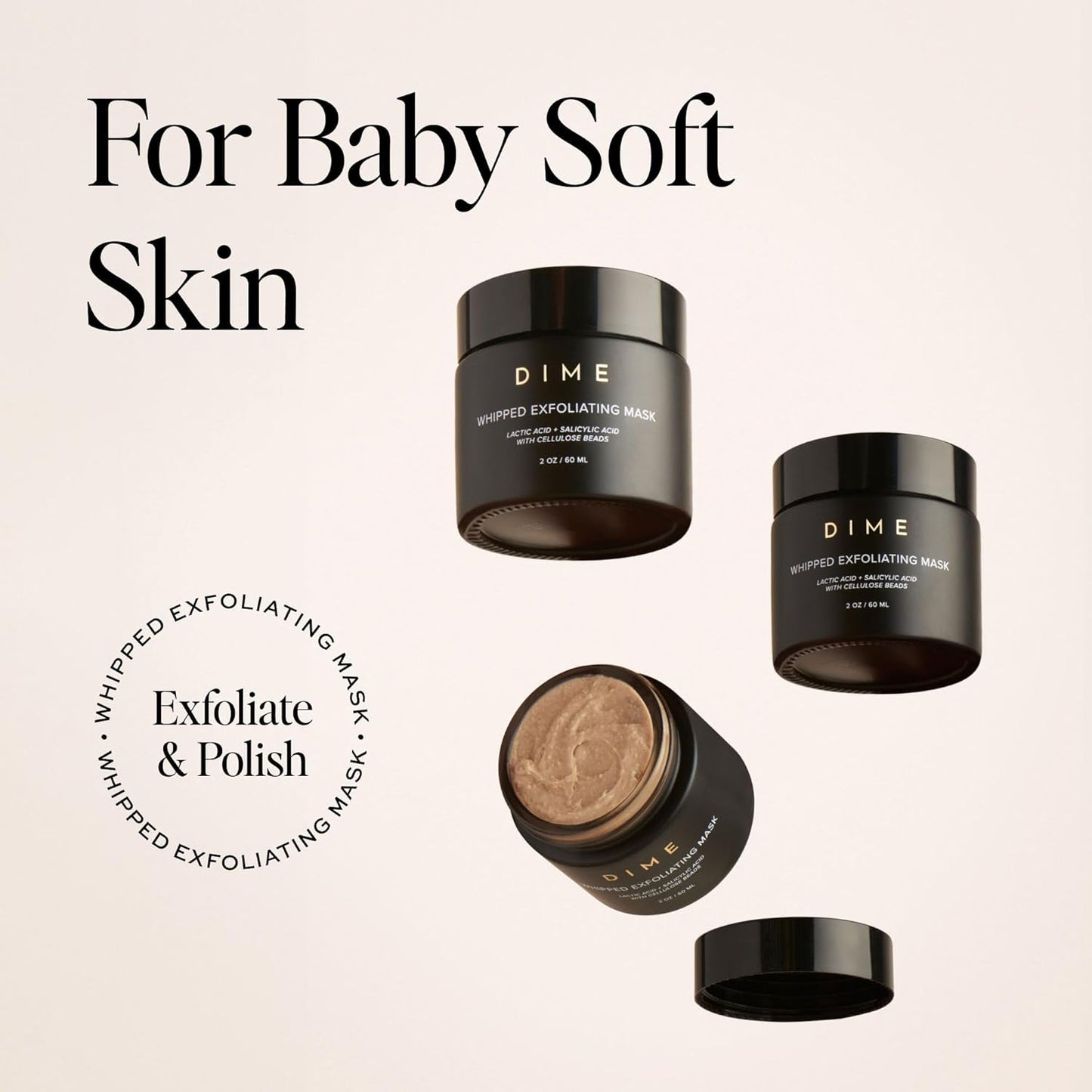 DIME Beauty Whipped Exfoliating Mask, Face Scrub and Cleanser, Lactic Acid and Salicylic Acid Scrub, 2 oz / 60 ml