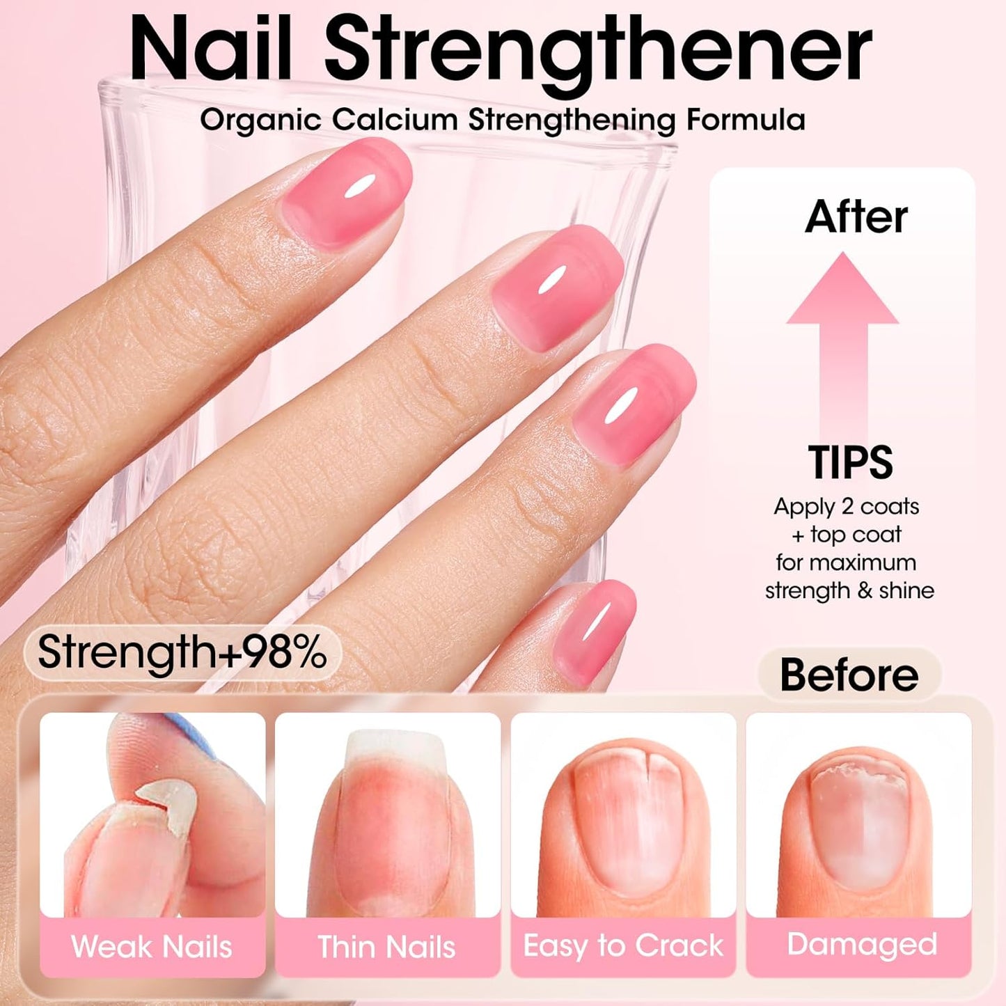 Gellen 4‑in‑1 Clear Nail Polish Base Coat Sheer Tinted Red, Ridge Filler, Nail Strengthener & Concealer, Calcium Formula Strengthens Nails, Natural Color Enhances Natural Look, No HEMA, Anti-yellowing