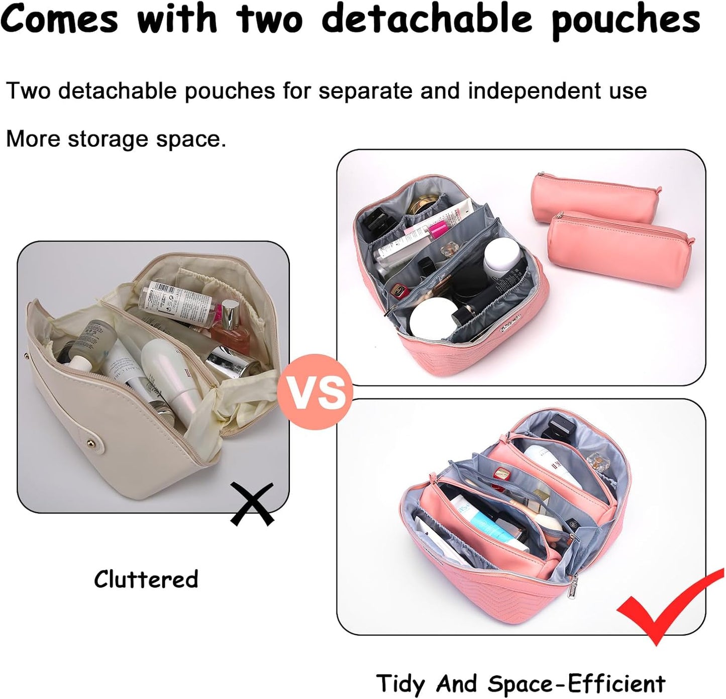 Travel Makeup Bags Cosmetic Organizer Bag: Quilted Make up Bag Set of 3 - PU Leather Toiletry Bags for Women - Portable Makeup Organizer with Compartments & Handle & Divider (14-Pink)