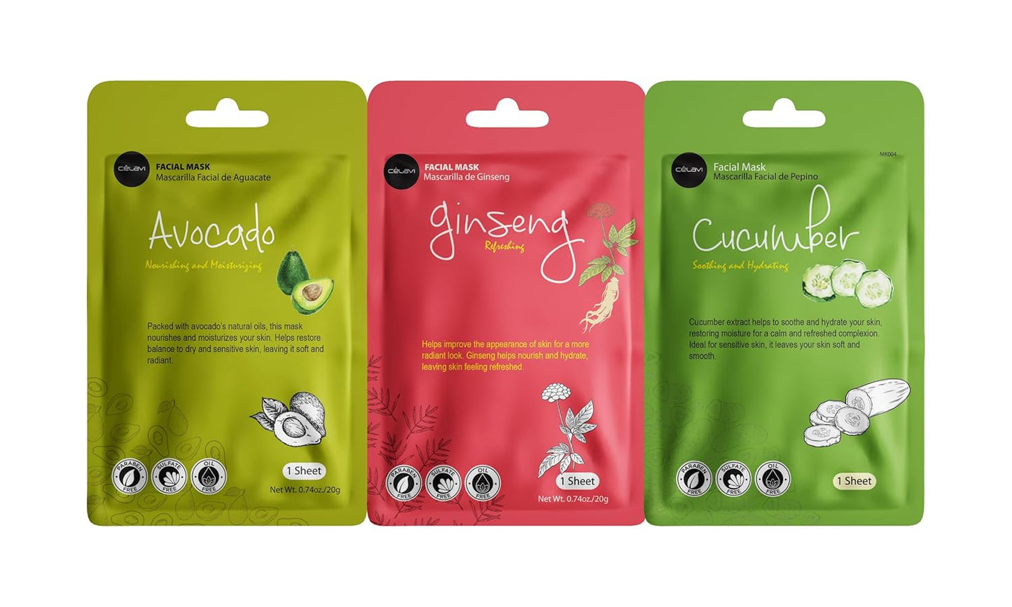 Celavi Essence Facial Sheet Face Mask Variety Set Classic Authentic Korean Moisturizing Skincare (Variation 1, 12 Count (Pack of 3))