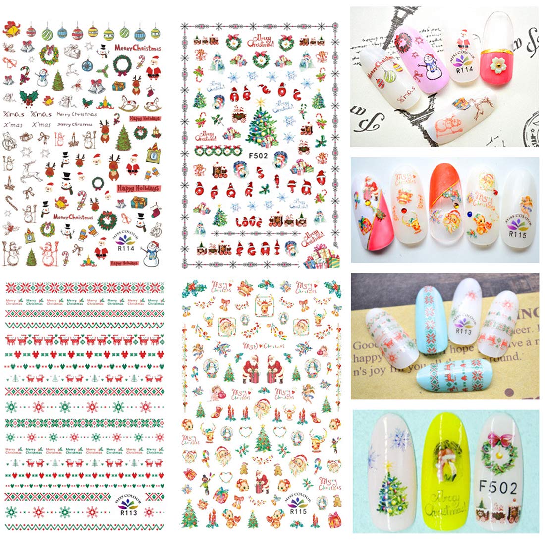1000 Patterns Christmas nail art sticker decals, Kalolary Self-Adhesive Nail Stickers Santa Claus Snowflake Snowman Christmas Bell Tree Stick Elk for Christams Nail Decoration Gift(12 Sheets)