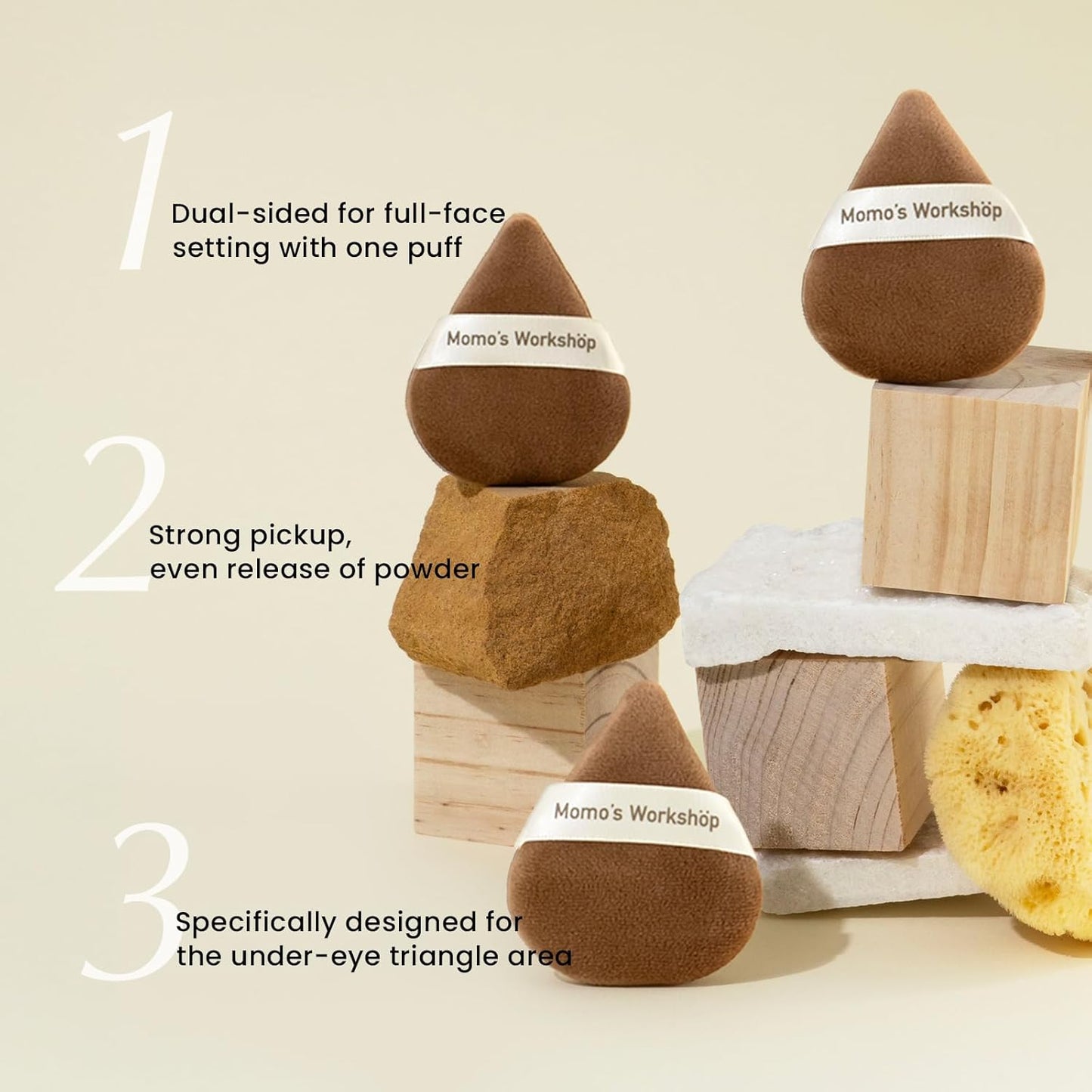 Momo's Workshop Pointed Powder Puff Large Size - Narrow Tip for Precision, Egg-Shaped Base for Even Application, Double-Sided Short Fluff, Works with Powder/Blush/Highlighter,Storage case,3PCS Puffs