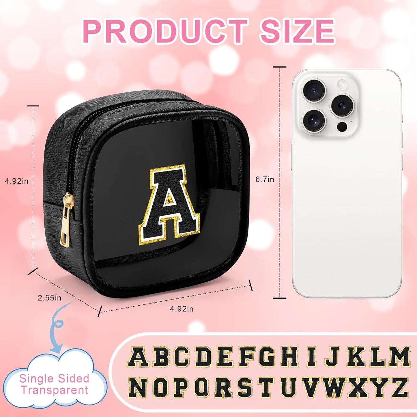 YOOLIFE Initial Makeup Bag Travel Toiletry Bag, Clear Makeup Bag Car Accessories For Women Clear Makeup Bags With Zipper Girlfriend Teacher 13 Year Old Girl Gifts Daughter Girl Gifts Mini Black M