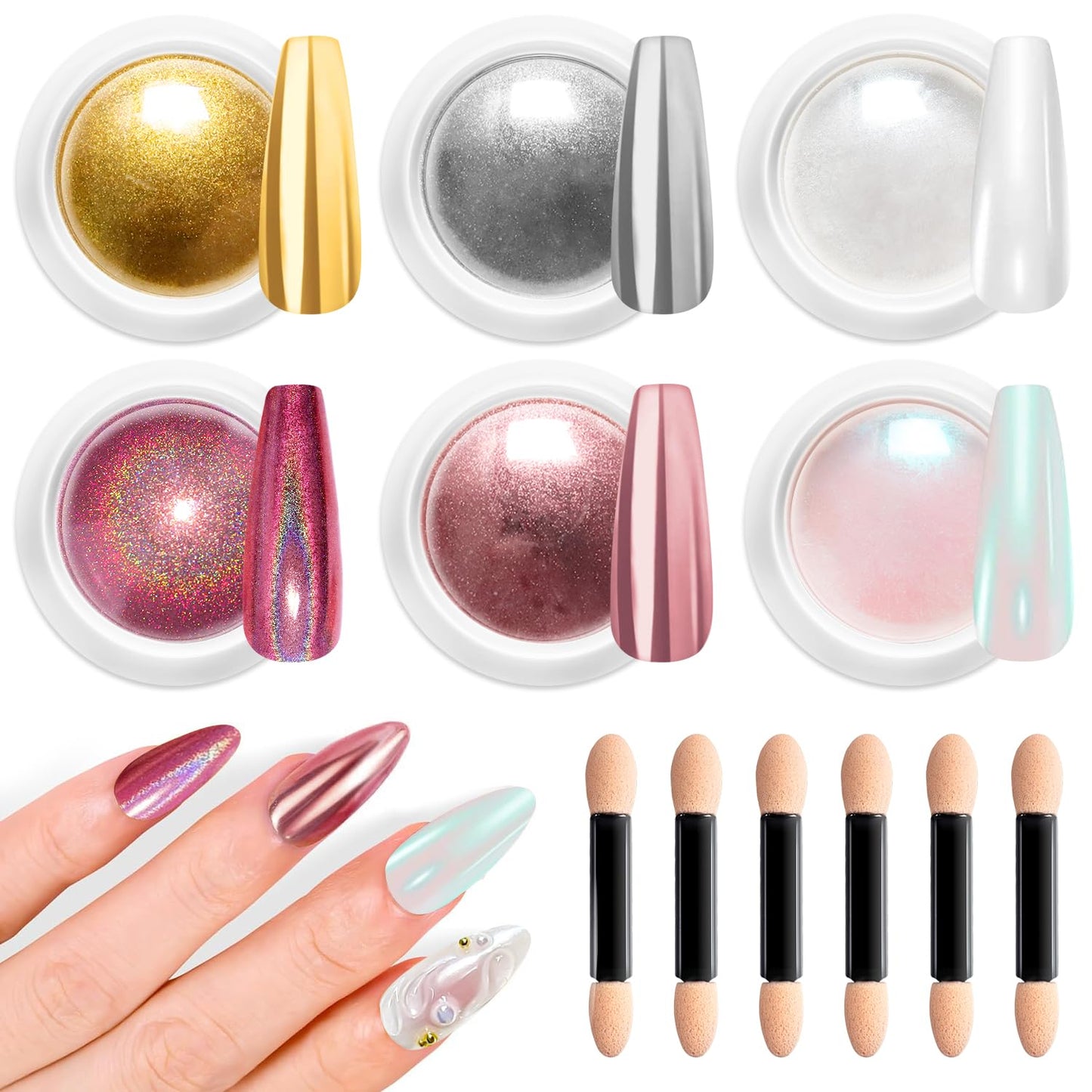 Mermaid Gold Chrome Nail Powder: 6 Colors Mirror Effec Green/Pearl Chrome Nail powder,Magic Mermaid Pink Chrome Nail Powder Pigment for Nail Art Design Home DIY（Laser/Silver）