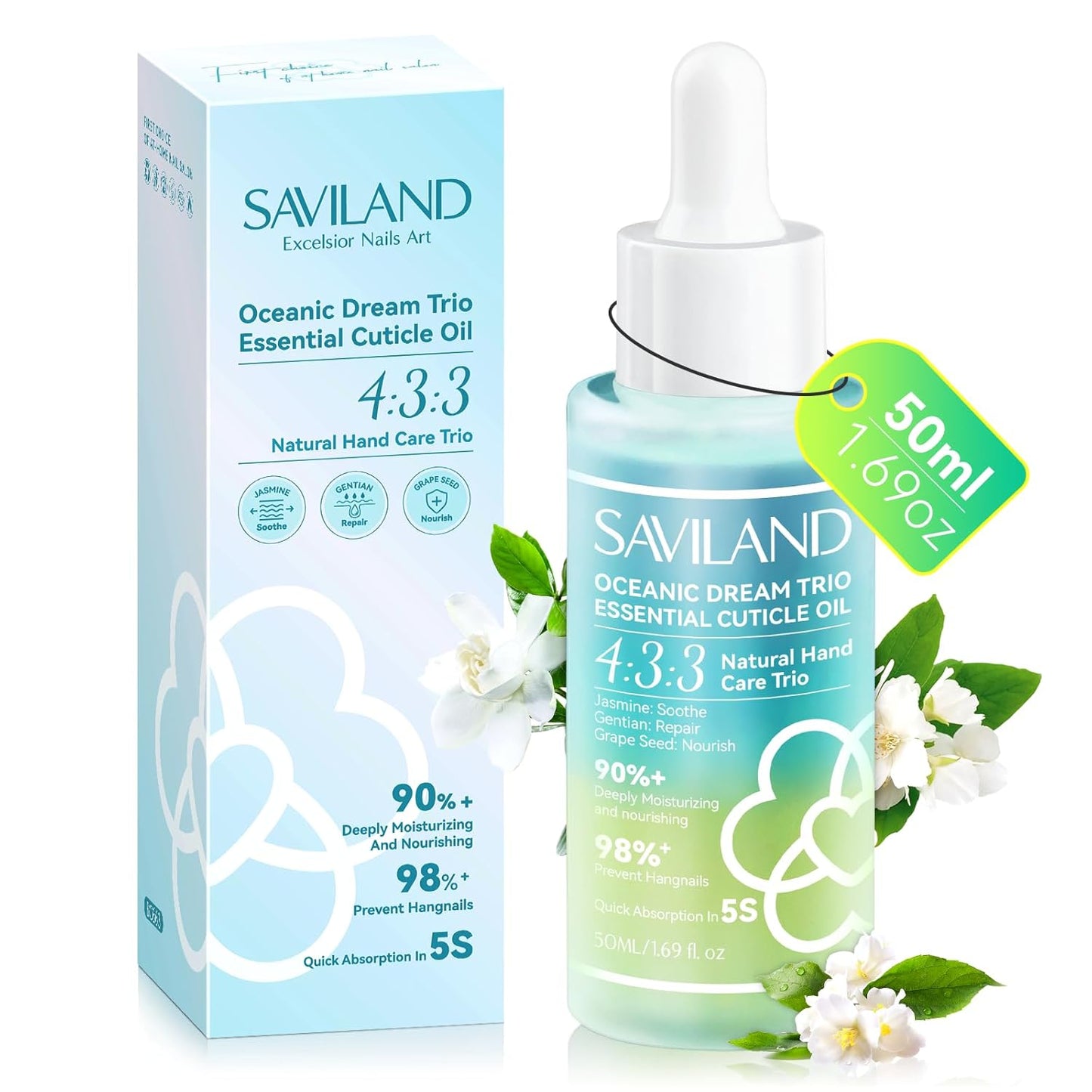SAVILAND Cuticle Oil Triple Essential: 50ml Vitamin E & C Jasmine Gentian Grapeseed Nail Growth Oil Ultra Repair Nourish Soothe Cuticle Oil For Nails Plant-based Strengthener For Weak Nail