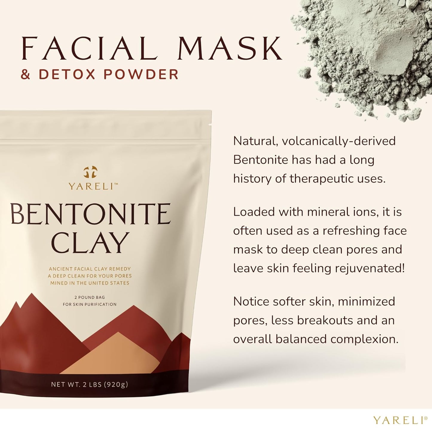 Bentonite Clay Powder Facial Mask & Cleansing Bath, Pure Indian Healing Clay, 2lb (32oz)