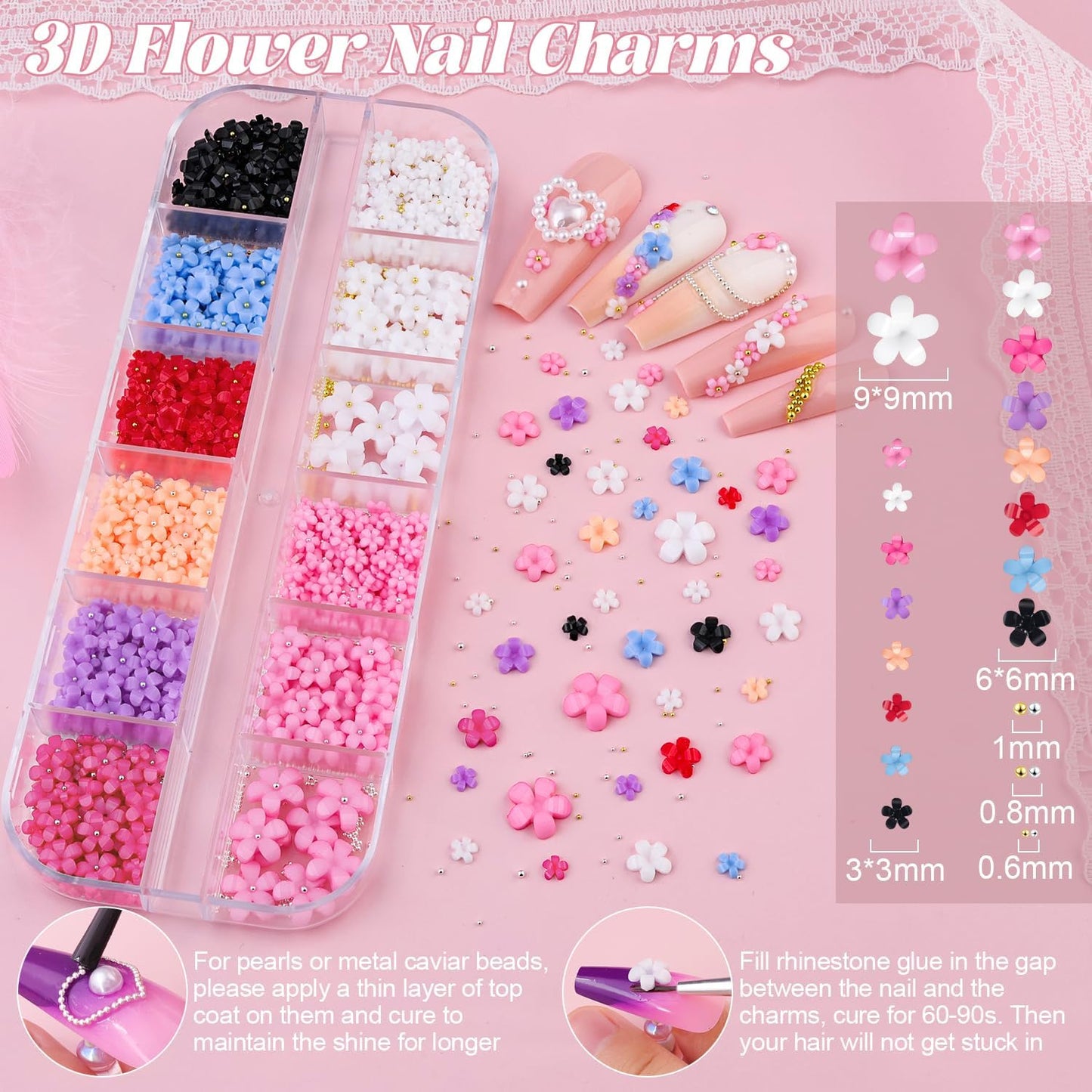 Flatback Pearls (White) and 3D Flowers for Nail Art, Pearl Nail Charms and Colorful Nail Flowers Blossom with Round Caviar Nail Beads Nail Accessories for Acrylic Nail Tips Manicure Decor