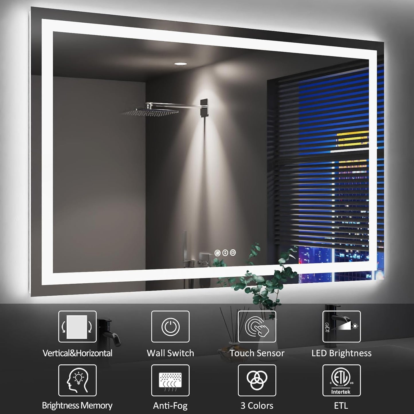 Amorho 50" X36" LED Bathroom Mirror, Front and Backlight, Stepless Dimmable Wall Mirrors with Anti-Fog, Shatter-Proof, Memory, 3 Colors, Double LED Vanity Mirror(Horizontal/Vertical)