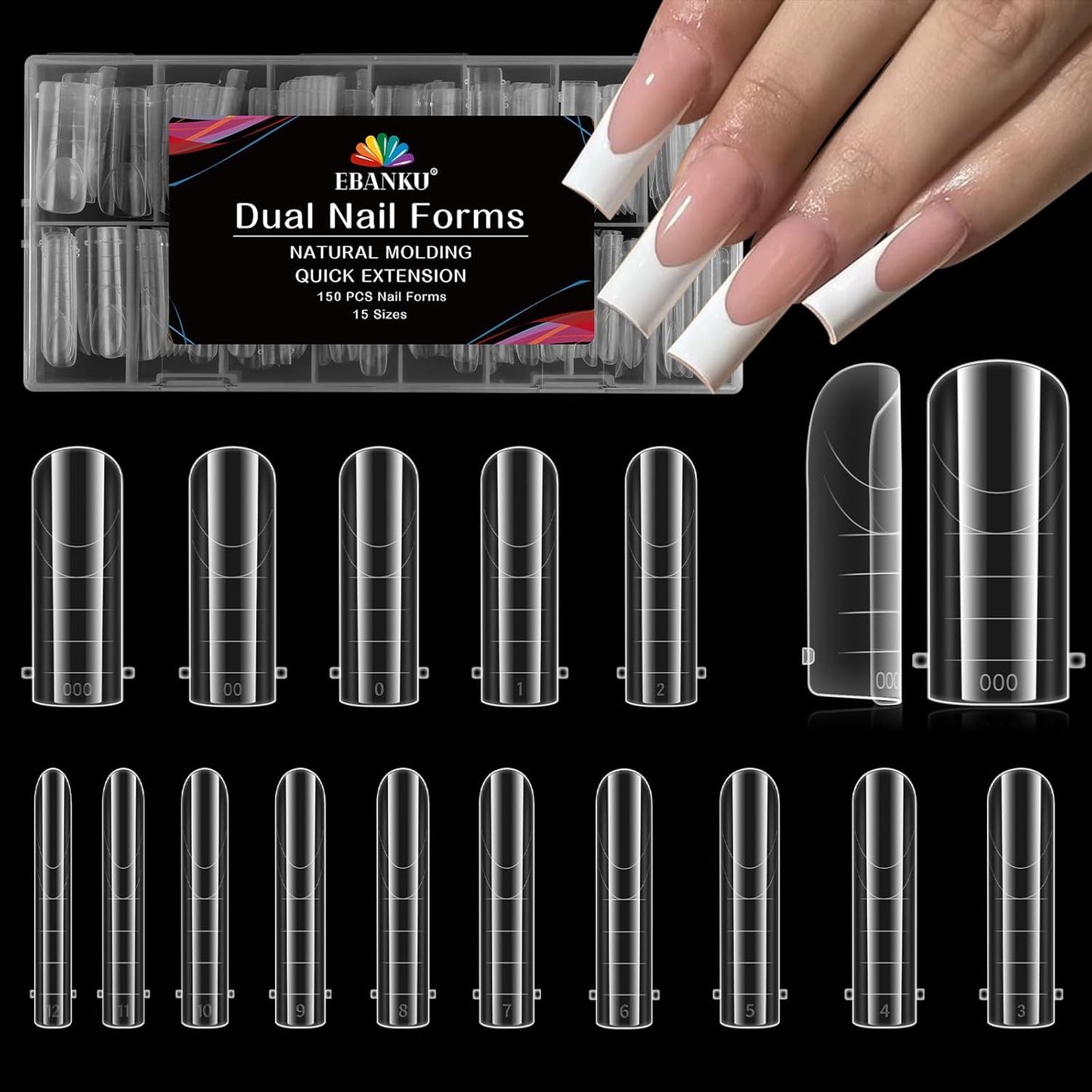 EBANKU Dual Nail Forms for Poly Extension Gel, 150 PCS Nail Molds Reusable 15 Sizes Nail Extension Forms for Builder Gel Manicure Design Salon DIY