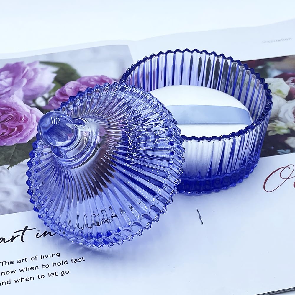 Ultra Soft Powder Puff and Container 3.3" High Density Velvet Dusting Washable Reusable Powder Puff,Body Powder Puff and Glass Jar Holder Loose Powder Box with Puff for Face Makeup(Blue)