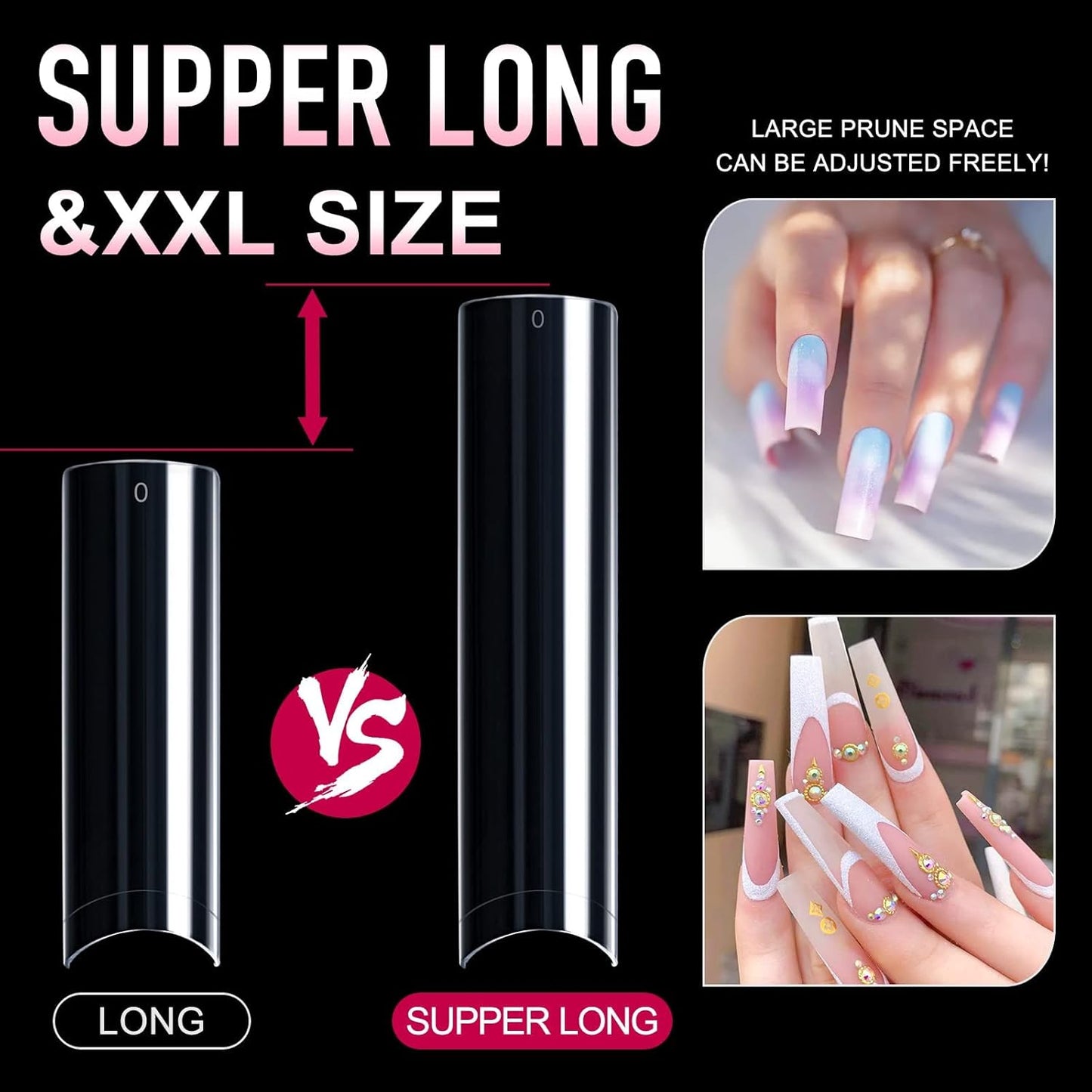 Ranrose 600PCS Clear Extra Long Nail Tips for Acrylic Nails Professional, No C Curve Gel Tips 12 Size XXXL Pre-shaped Half Cover Fake Nail for Press On Nail Extensions