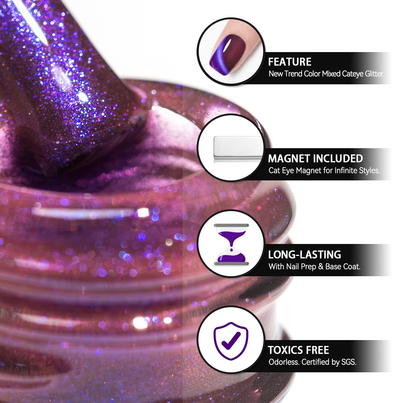 RARJSM Glitter Cat Eye Gel Nail Polish Aurora Purple Multi Color Velvet Diamond Cateye Gel Polish with Magnet Stick Reflective Shimmer UV LED Curing Requires Soak Off for Home Salon Manicure 15ml