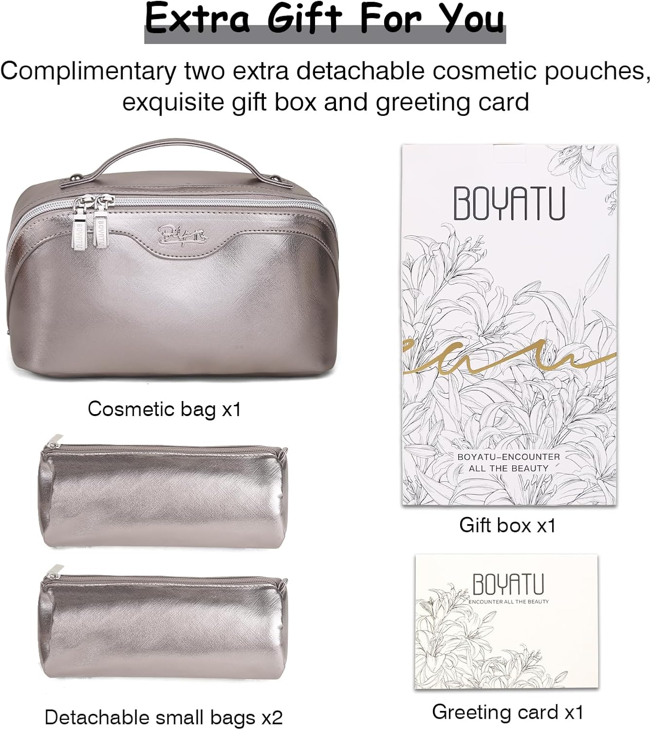 BOYATU Travel Makeup Bags for Women: Vegan Leather Cosmetic Bag Set of 3 - Large Capacity Make up Bag with Divider - Wide Open Waterproof Toiletry Organizer Bag with Handle (05-Gray)