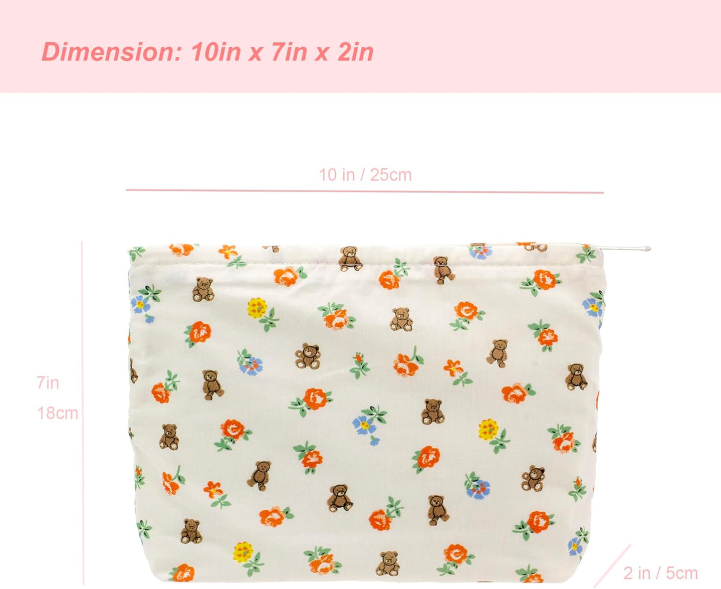 PAZIMIIK Floral Makeup Bag Large Cotton Zipper Pouch for Purse Travel Canvas Make Up Organizer for Women Cosmetic,Flower Bear White