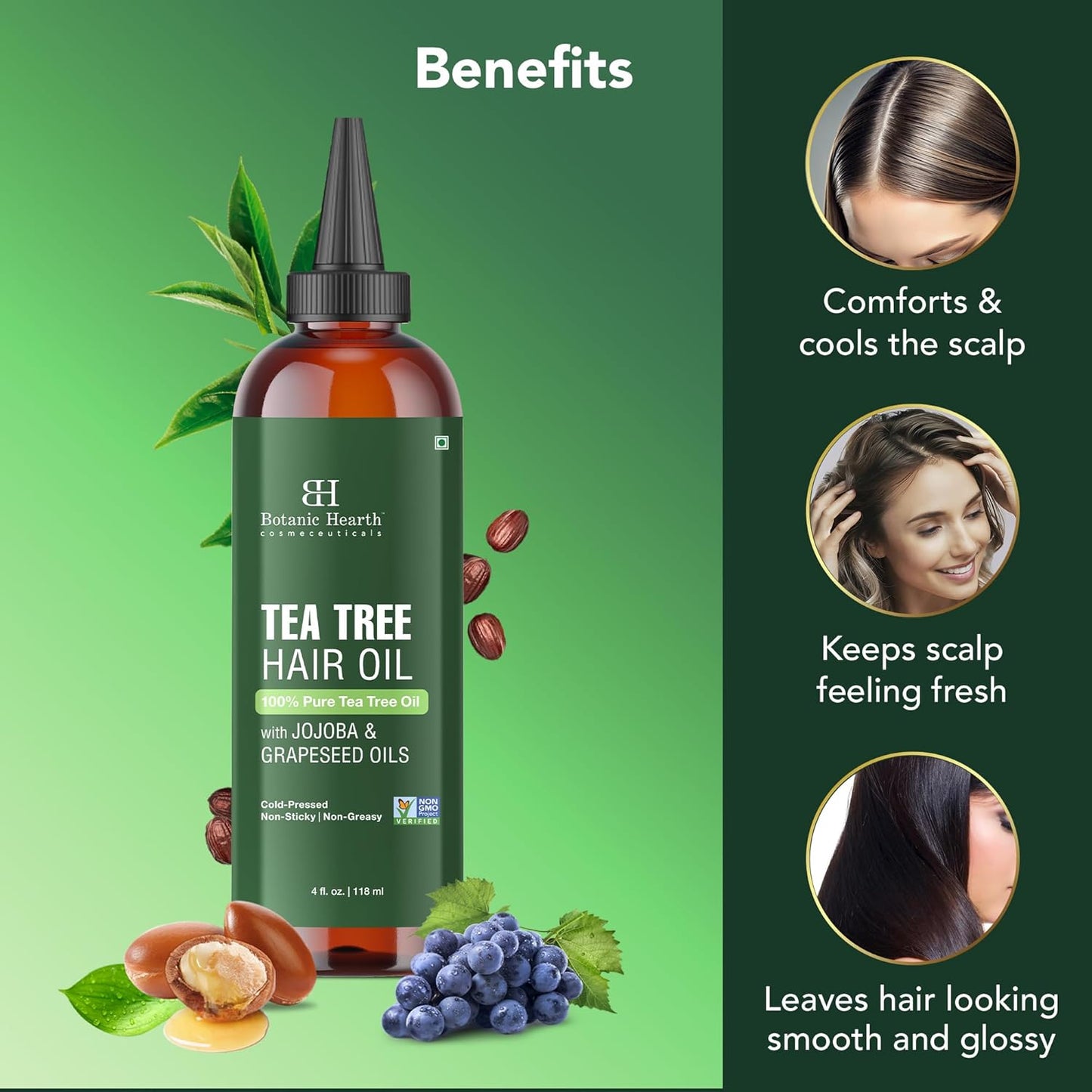Botanic Hearth 100% Pure Tea Tree Oil (4 Fl Oz) | With Jojoba & Grapeseed Oils | Soothes Itchy Scalp & Fights Dandruff | Hair Oil Repairs Dry Damaged Hair, Strengthening, Healthier Hair- Hair Tonic