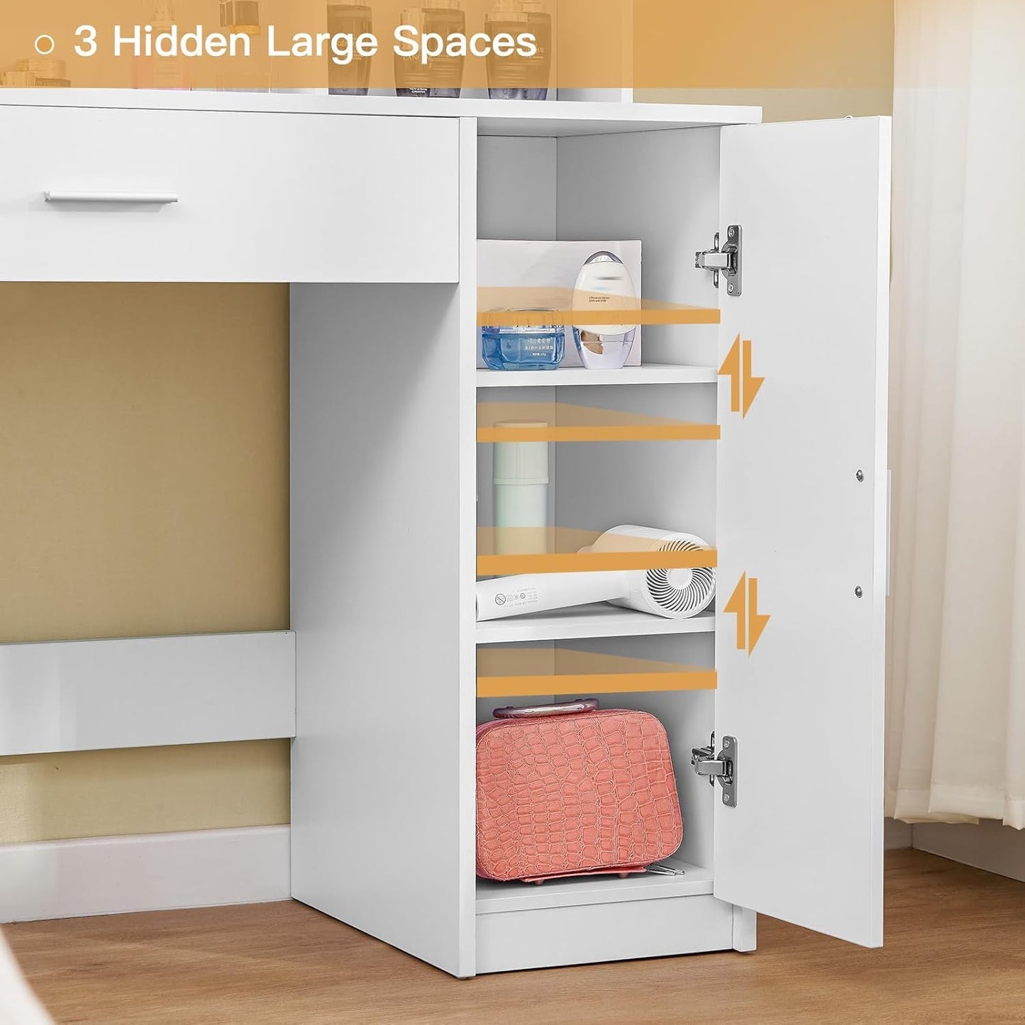 Quimoo Makeup Vanity Desk with Mirror & Lights, Vanity Desk with 5 Drawers & Storage Shelves, Vanity Table, 3 Color Modes & Adjustable Brightness Dressing Table, Bedroom, White