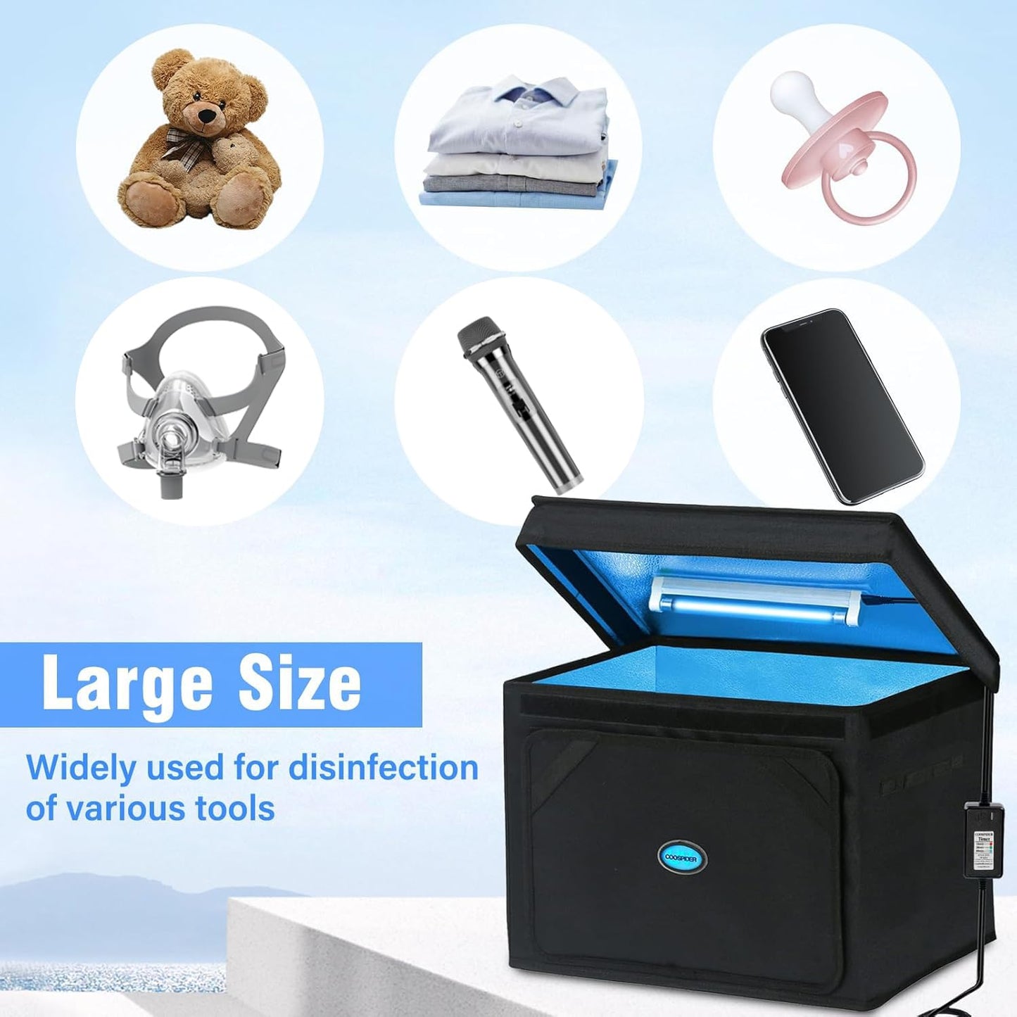 Large UVC Sanitizer Box with Ozone, Foldable Cleaner Bag with Timer, 36L/9.5gal UV Light Bulb Black Tote for Shoes, Cell Phone, Baby Bottle, Key, Towel
