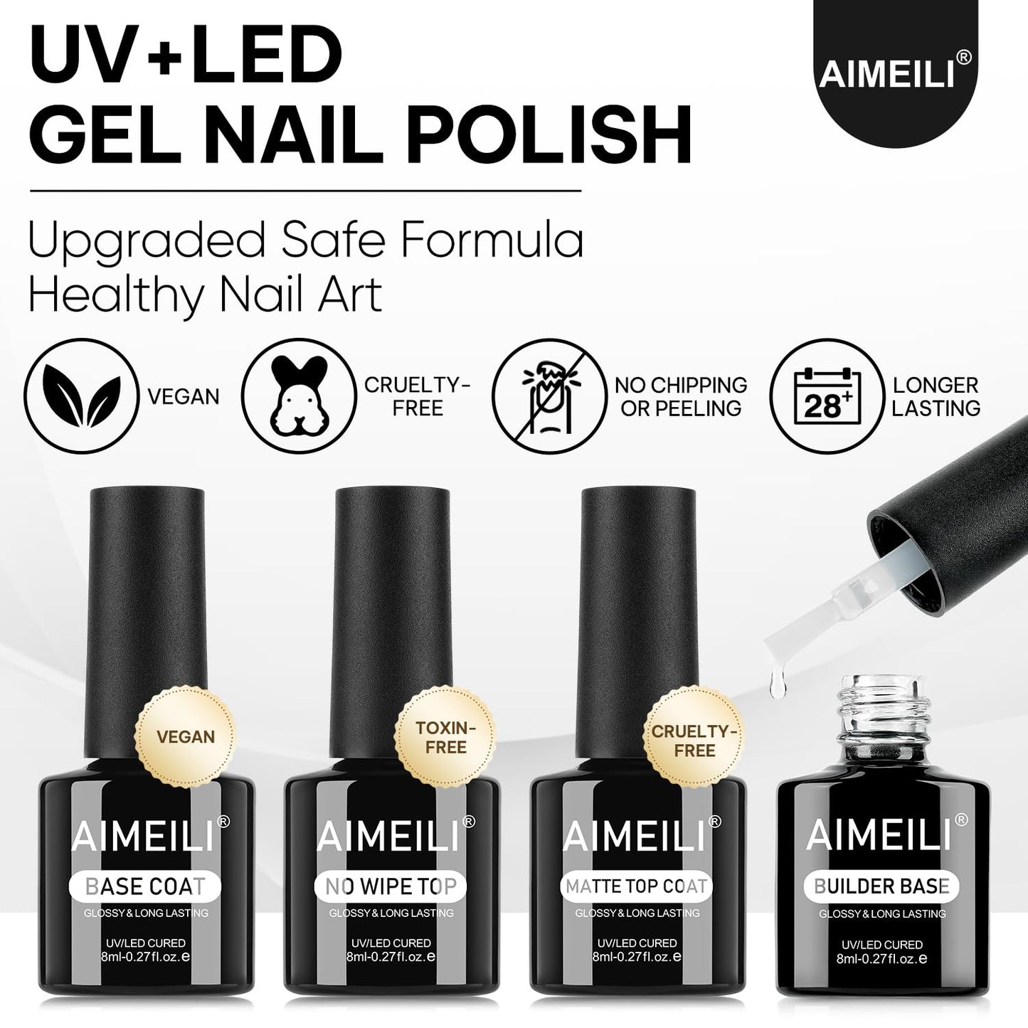 AIMEILI Gel Nail Polish 4pcs, Hema Free, Cruelty Free, Vegan, Soak Off U V LED Nail Art - Base Coat, No Wipe Top Coat, Matte Top, Builder Nail Gel