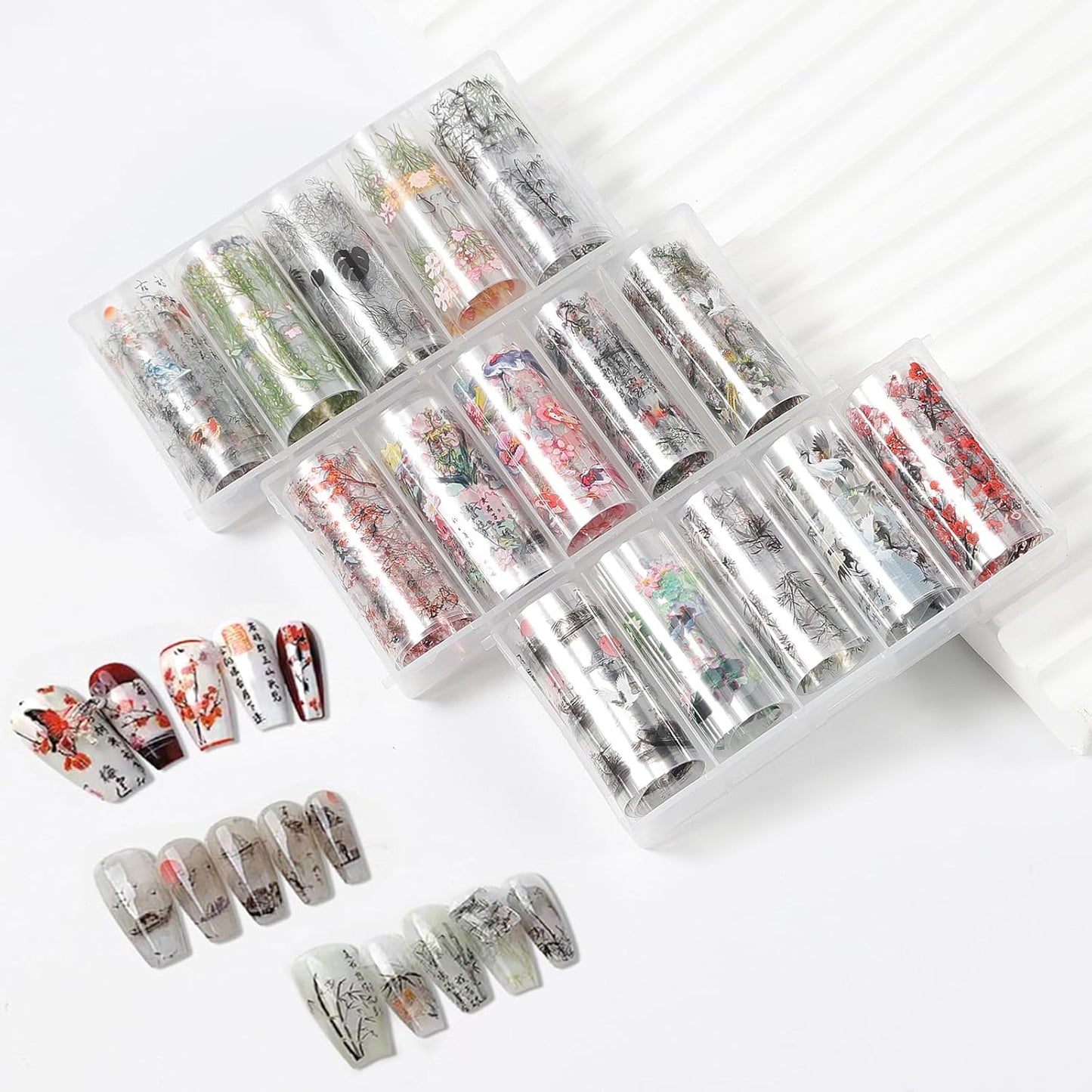 DANNEASY 30 Rolls Nail Art Foil Transfer, Landscape Painting Nail Foil Wraps Bamboo, Flowers, Cranes, Plum Blossoms Stickers Starry Sky Holographic Nail Foils for Women Nails Supplies