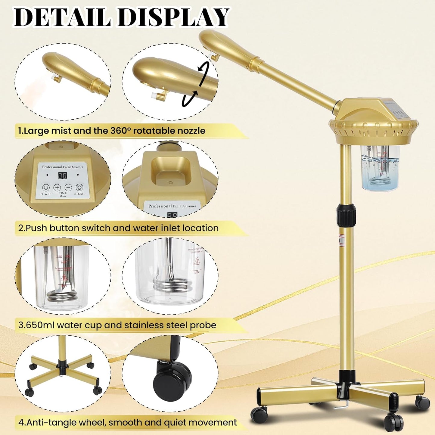 Facial Steamer Professional with More Steam for Deep Cleansing and Hydration, Estheticians Steamer on Wheels with Time Setting, Face Steamer Adjustable Height for Beauty, Spa and Home Use（Golden）