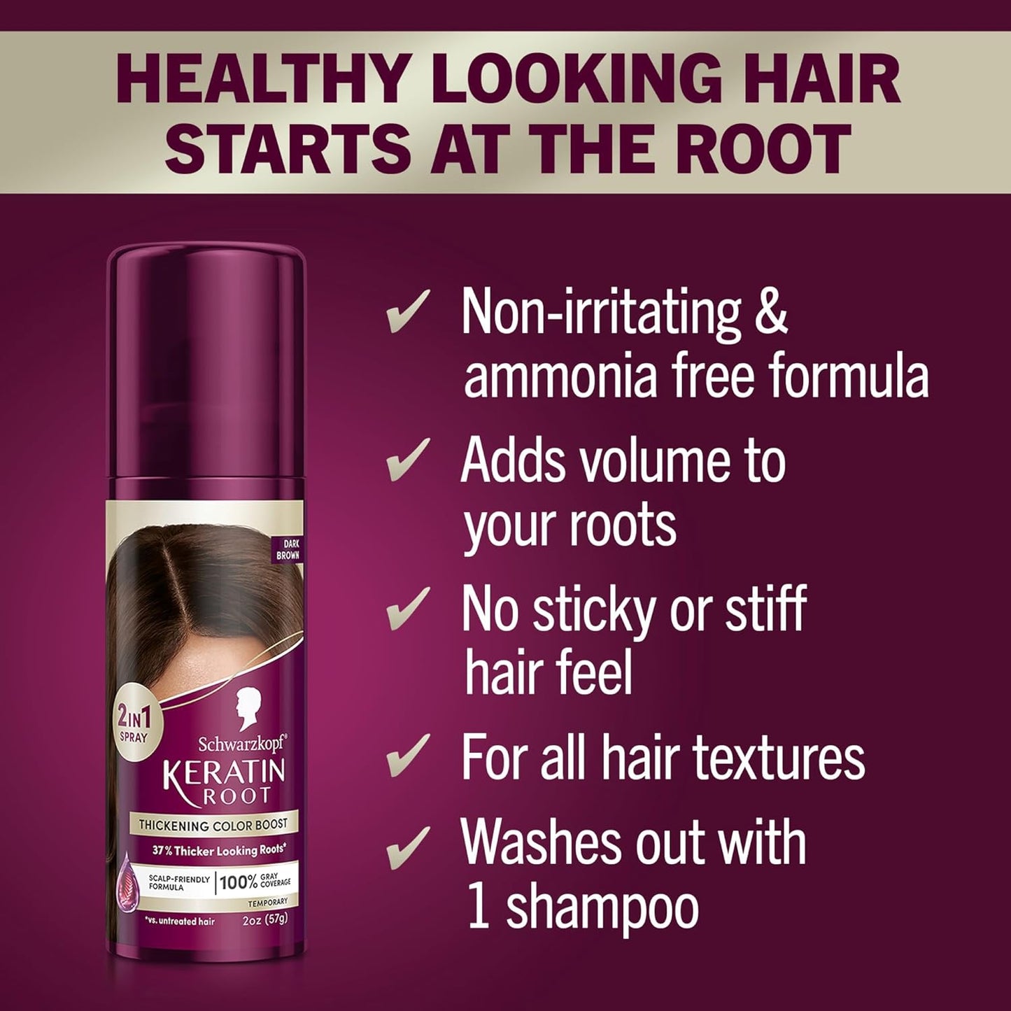 Schwarzkopf Keratin Color Root Temporary Hair Color Spray, Dark Brown - Salon Inspired Temporary Hair Dye, for up 100% Gray Coverage and Thicker Looking Roots, Ammonia free (Pack of 2)