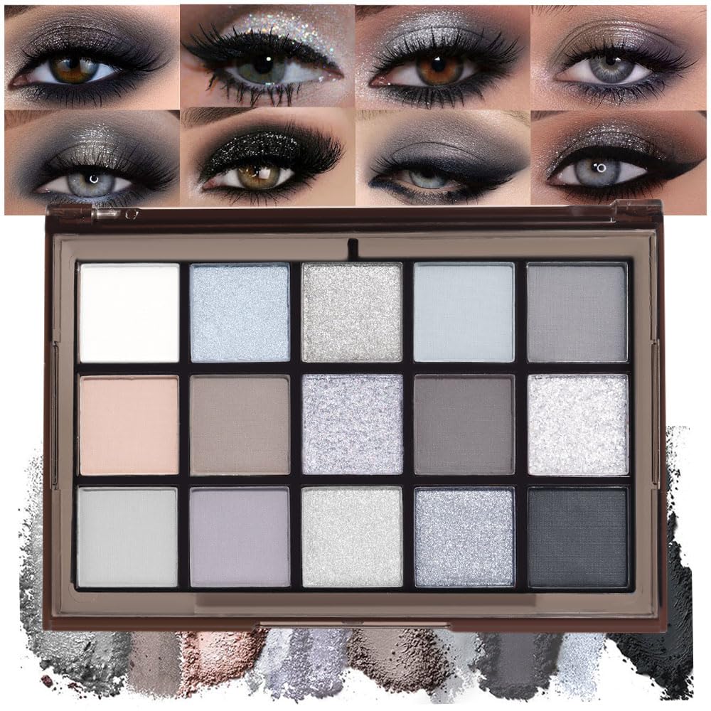 15 Colors Black Gray Silver Matte Shimmer Eyeshadow Palette for Eye Makeup,High Pigmented Brown White Eye Shadow Primers Powder Palet de sombras de ojos