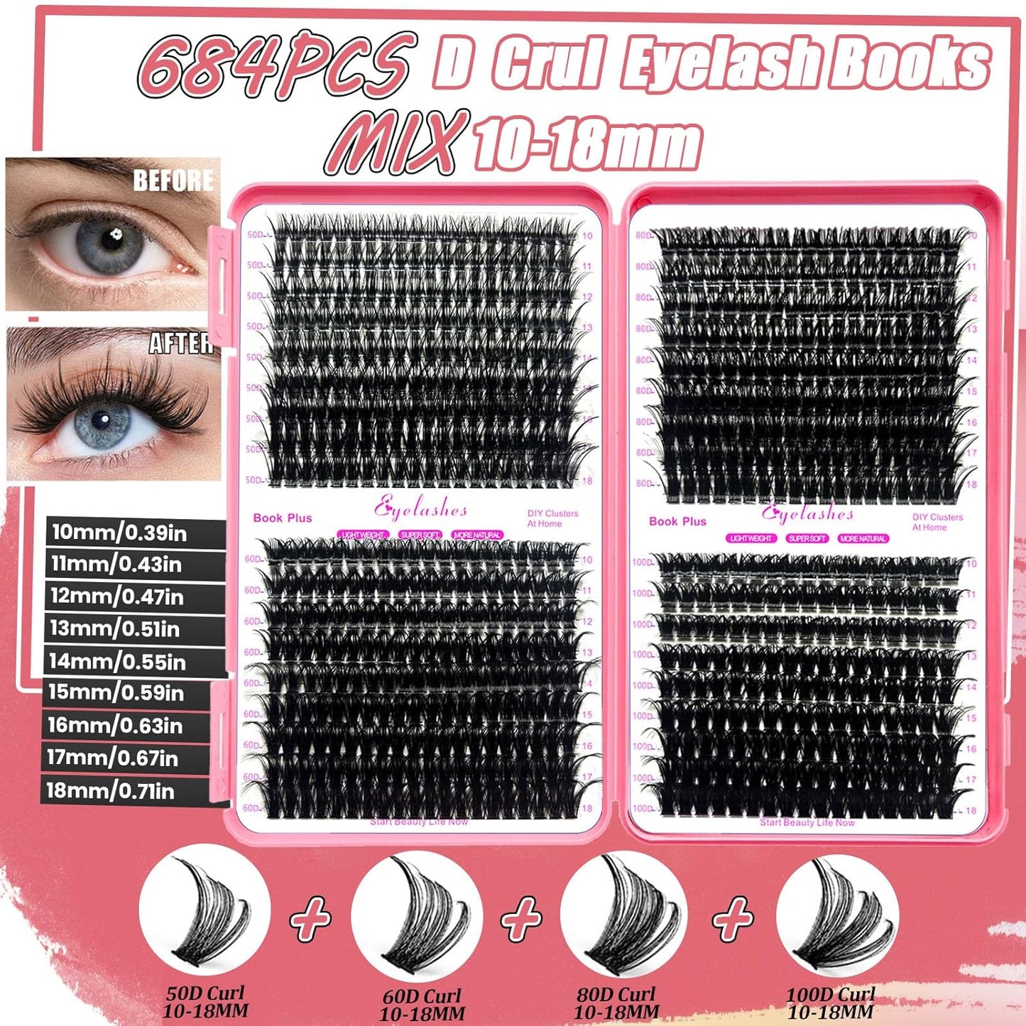 DIY Lash Extension Kit 684Pcs 10-18mm D Curl Lashes Clusters with Lash Bond and Seal Glue Remover Lash Shampoo Cleansing Brush Headband Wristband Tweezers Eyelash Brush Applicator