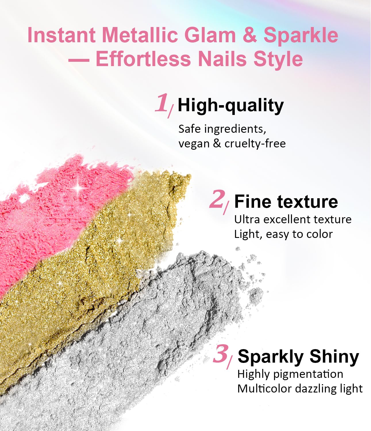 Gold Chrome Nail Powder 24K Mirror Effect BISHENGYF - Pink Gold Nail Chrome Powder Aurora Mermaid Mirror Effect Powder, White Pearl Iridescent Holographic Metallic Pigment Dust for Nail Art Decoration