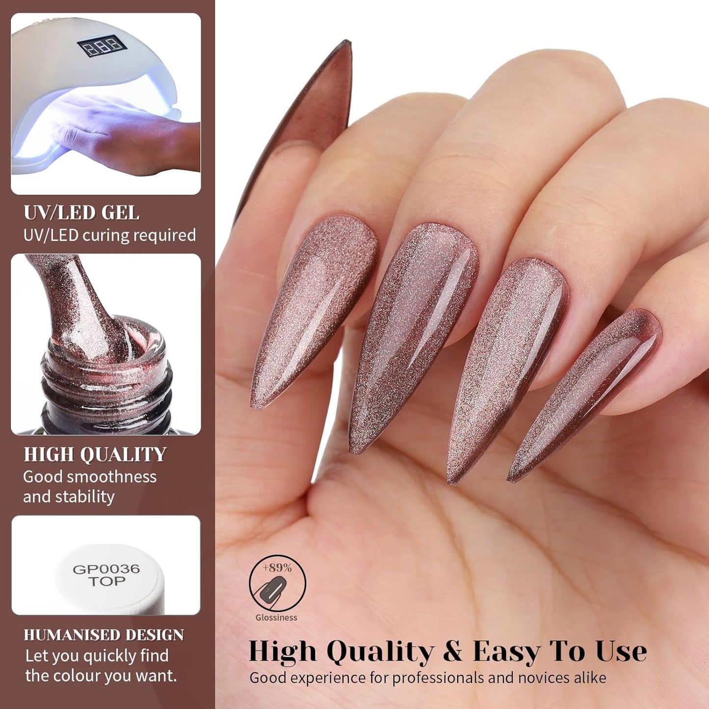 Cat Eye Gel Nail Polish, Crystal Galaxy Holographic Brown Cateye Gel Polish with Magnet, Silver Shimmer Glitter Velvet Soak Off UV LED Home Diy Manicure Fall Winter Colors GP0101