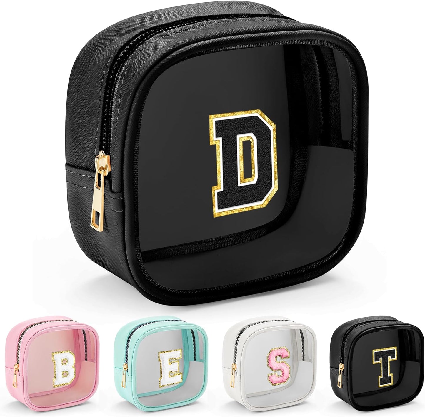 YOOLIFE Initial Makeup Bag Travel Toiletry Bag, Clear Makeup Bag Car Accessories For Women Clear Makeup Bags With Zipper Girlfriend Teacher 7 Year Old Girl Gifts Daughter Gifts Girl Gifts Mini Black D