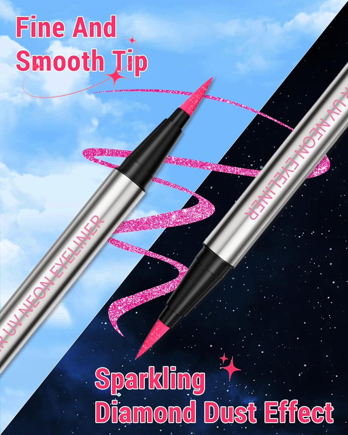 Glitter UV Neon Eyeliner Pencil, Waterproof Smudge-Proof Pink Eye Liner Liquid Pen, High-Pigment Shimmer Eyeliner Pen Long-Lasting Colorful Professional Makeup, Halloween Rave Party Gift for Women-02