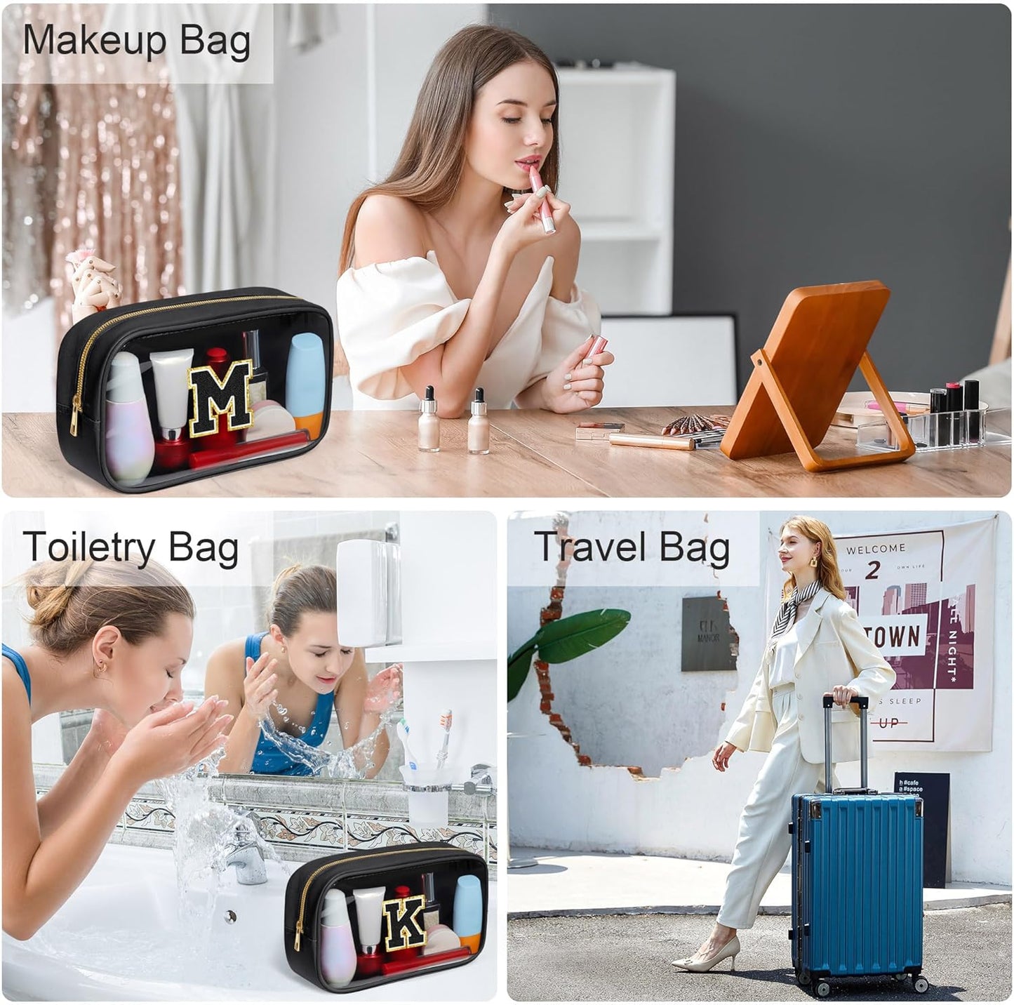 YOOLIFE Initial Travel Makeup Bag Pouch, Clear Toiletry Bag for Women Travel Accessories Cosmetic Bag Skin Care for Teen Make Up Bags Birthday Gifts for Women Unique Teacher Mom Friends Gifts Black R