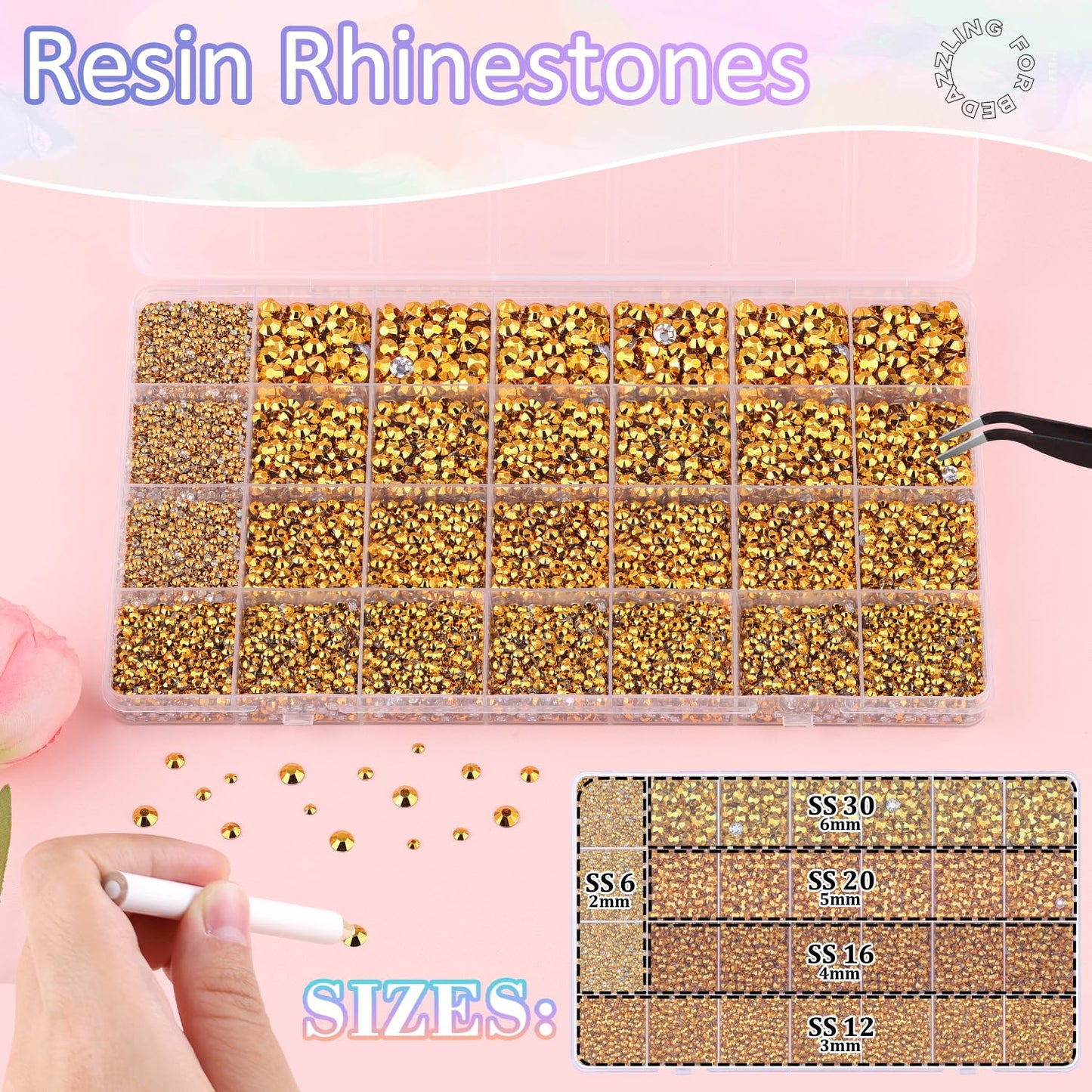 30000Pcs Resin Rhinestones for Bedazzling with 3Pcs B7000 Jewelry Glue, Mine Gold Flatback Gems Rhinestones for Crafting, Clothing Tumblers Mugs Shoes Fabric Decor Nail Art