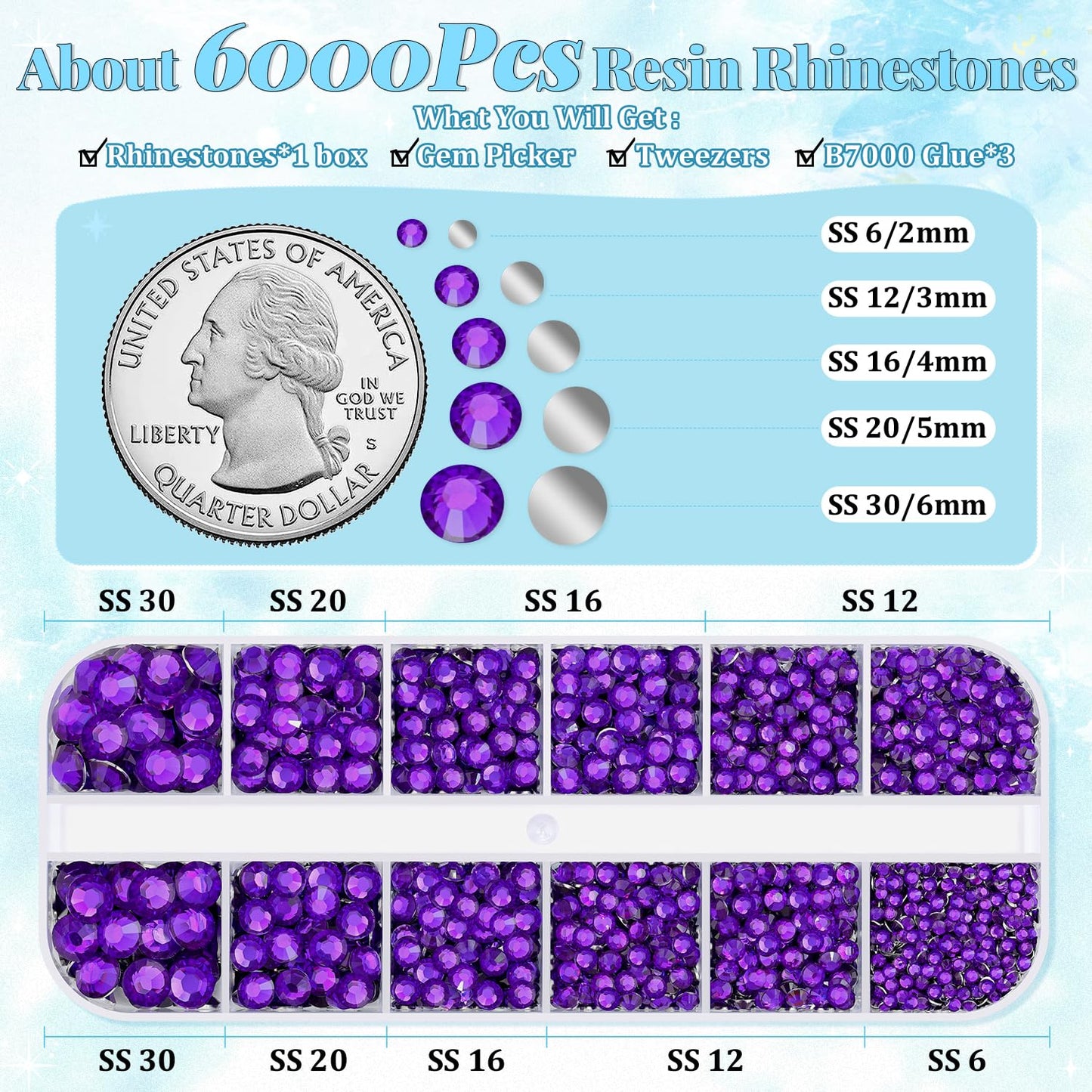6000Pcs Resin Rhinestones for Bedazzling with 3Pcs B7000 Jewelry Glue, 1 Box Dark Purple Flatback Rhinestones for Crafting Crafts DIY, Crystals Gems for Clothing Shoes Tumblers Nail Art Makeup
