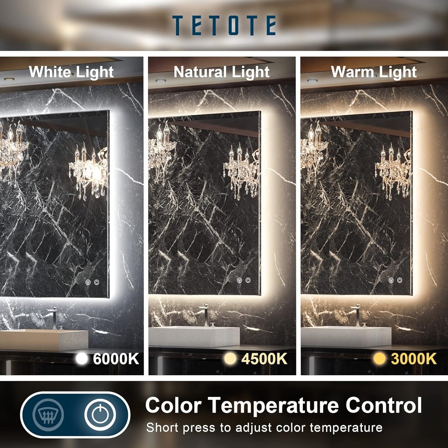 TETOTE 40 x 24 LED Backlit Vanity Mirror Bathroom,3Color White/Warm/Natural,Anti-Fog Lighted Mirror,Dimmable,Wall Mounted