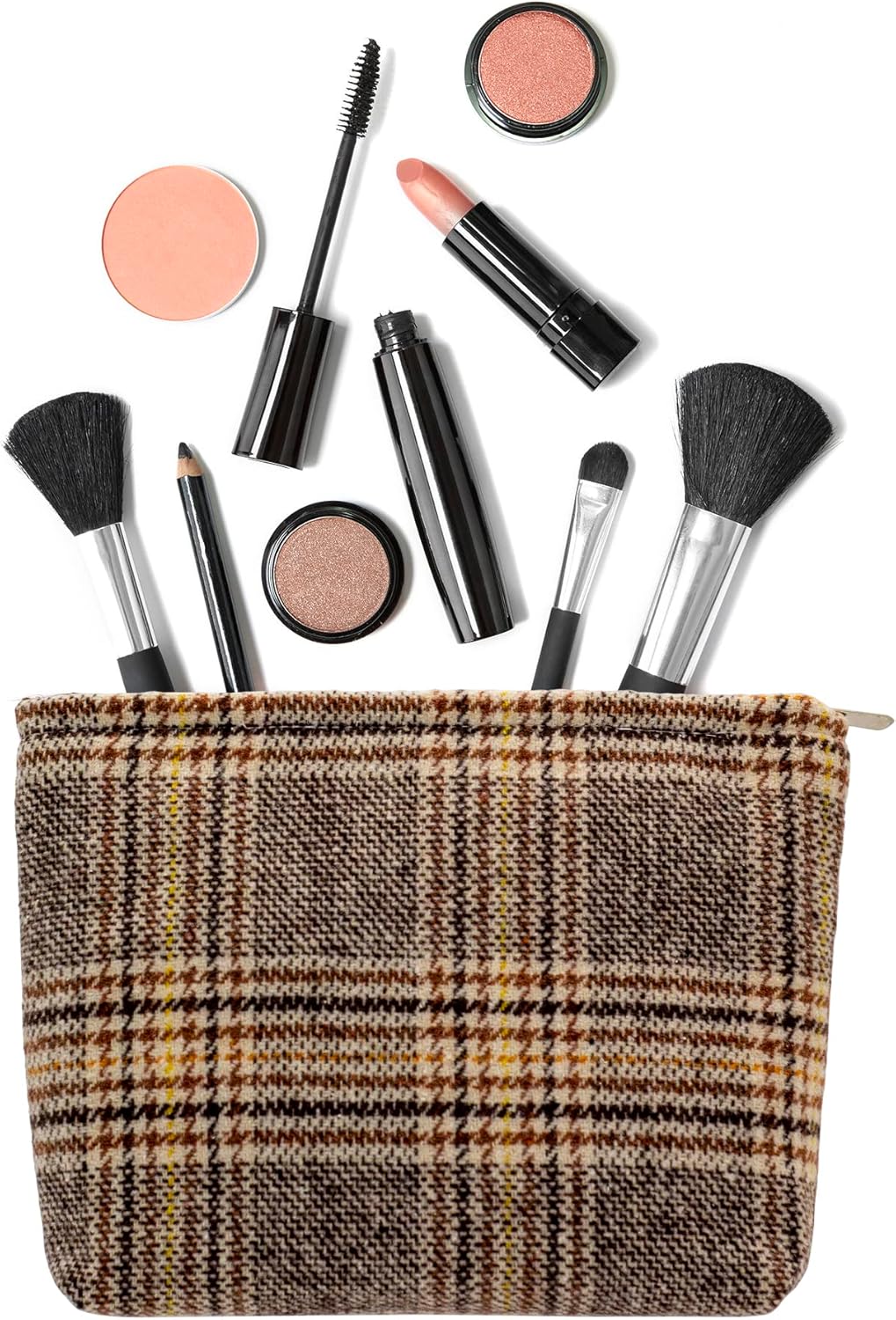 Makeup Bags for Purse Zipper Cosmetic Pouch Large Travel Canvas Make Up Organizer Tool Pouch for Women and Girls,Plaid Brown