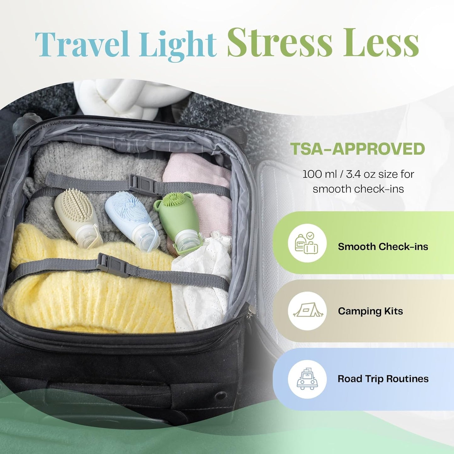 Sumina Silicone Travel Bottles 3 Pack (3.4oz) – TSA-Approved Leak-Proof Toiletry Containers with 2-in-1 Built-In Exfoliating Scrubber – Refillable for Travel, Gym & Skincare