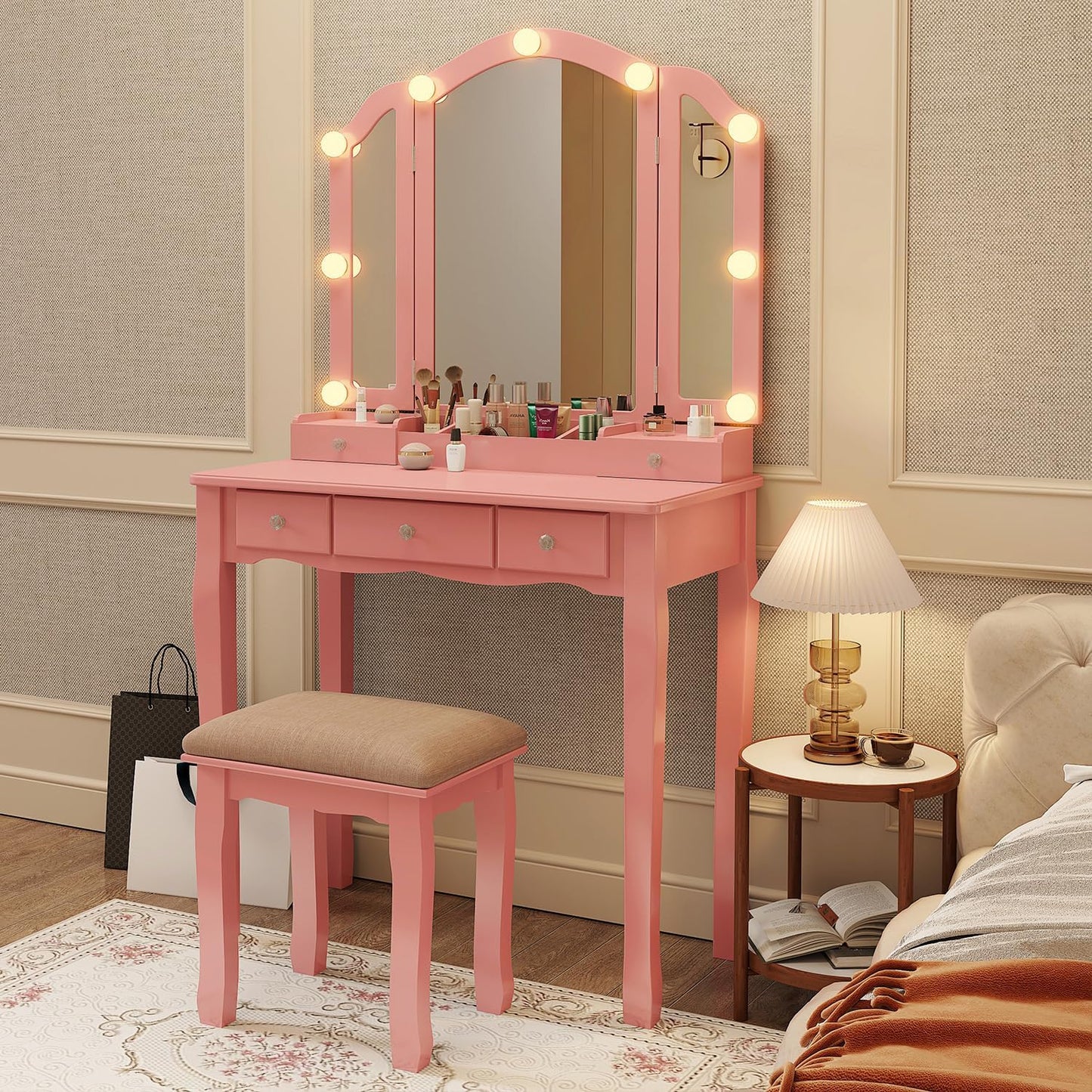 Vanity with Lights Girls Vanity Desk Set with Drawers Makeup Vanity Desk with Mirror and Lights Make Up Pink Makeup Vanity for Girls Table with Stool