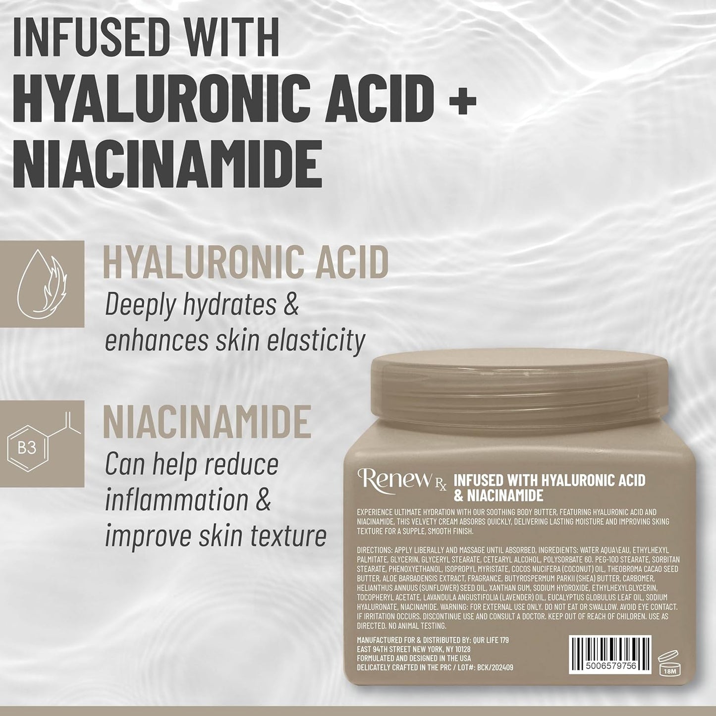 Hyaluronic Acid + Niacinamide Body Butter for Dry Skin – Deep Hydrating Skin Care, Skin Perfecting Vegan Skincare, 16 oz
