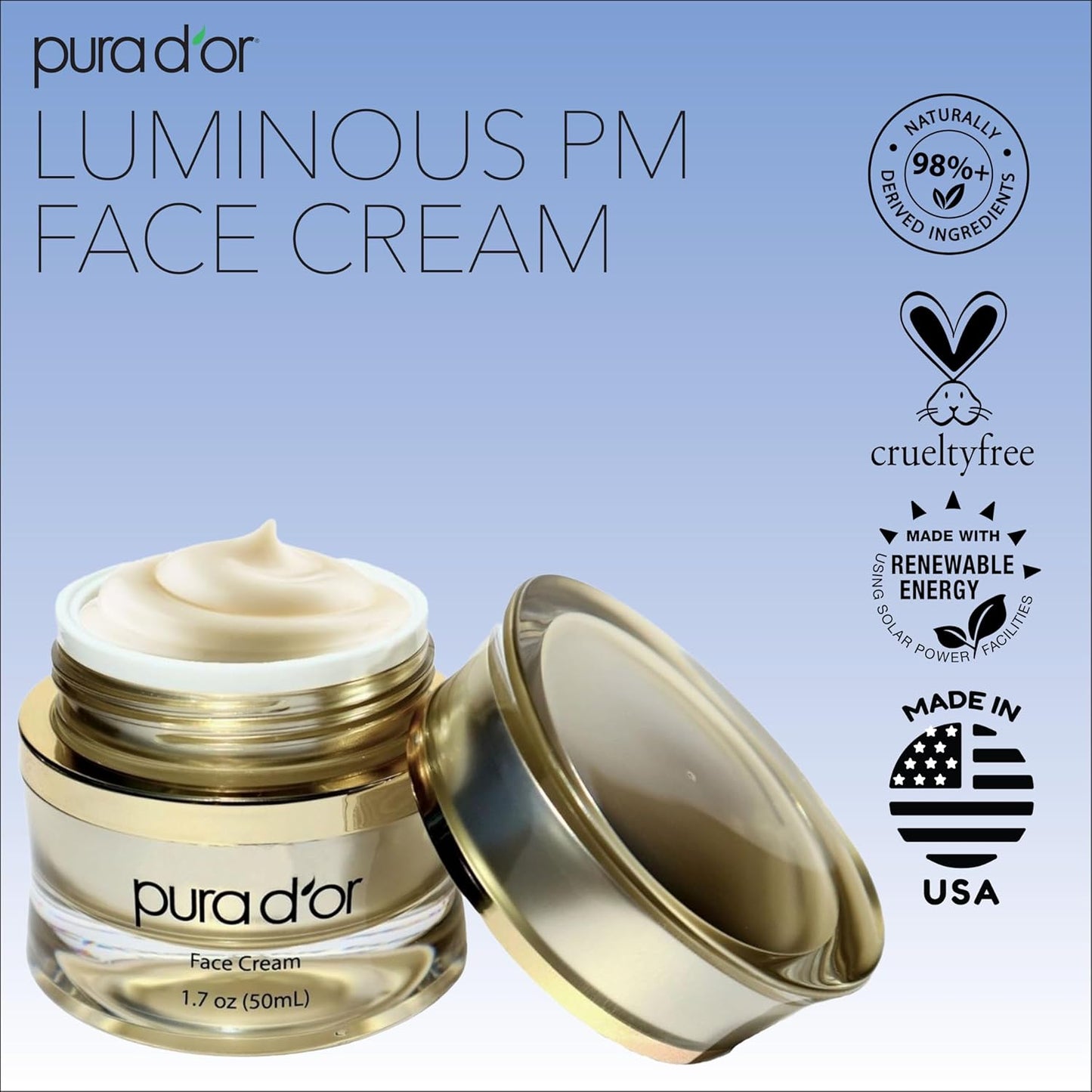 PURA D'OR 1.7 Oz Luminous PM Face Cream - Methylene Blue, Marine Collagen, Retinol, Peptides, Apple Stem Cell Extract - Anti-Aging Nighttime Moisturizer - Overnight Facial Treatment For Women & Men
