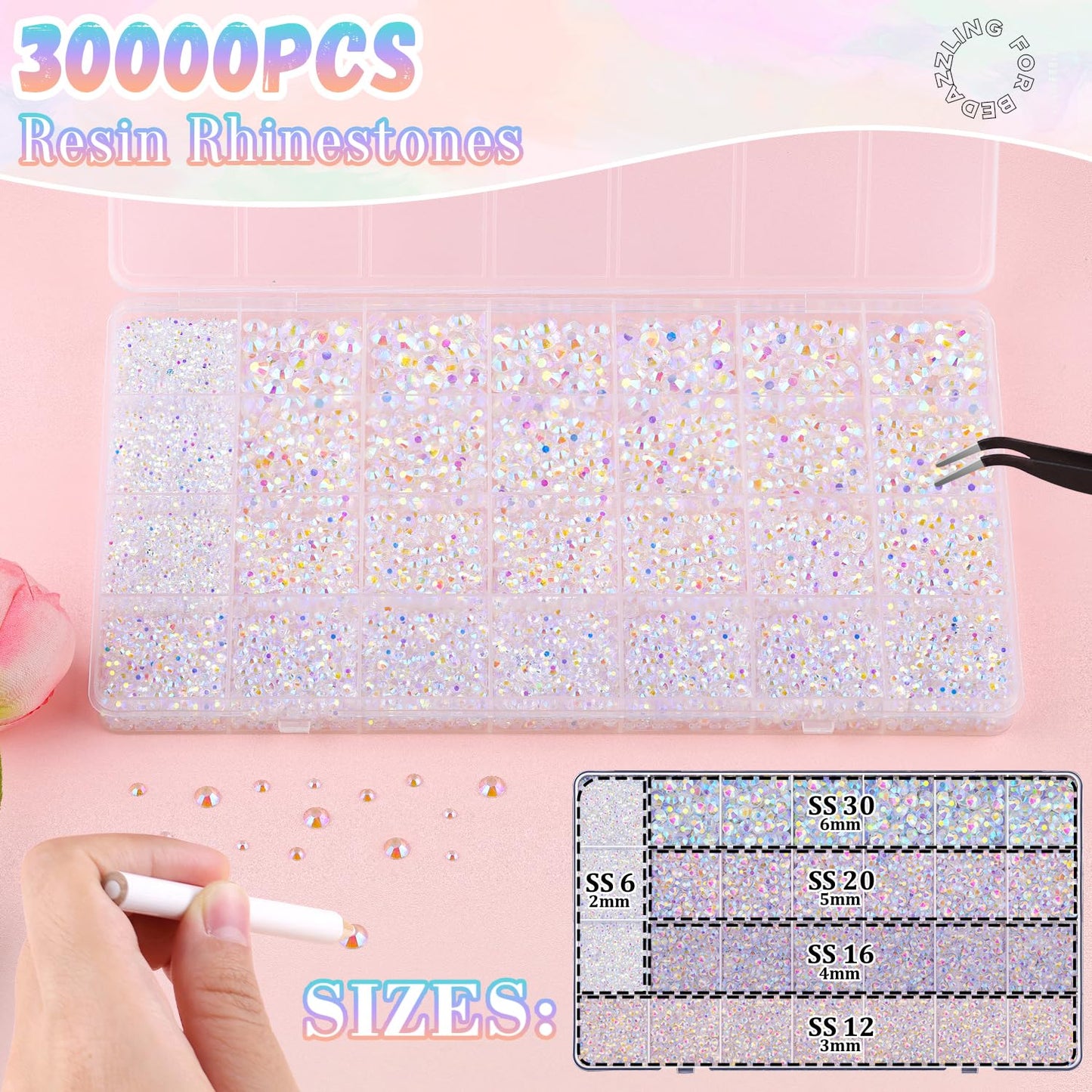 30000Pcs Resin Rhinestones for Bedazzling with 3Pcs B7000 Jewelry Glue, Transparent AB Flatback Gems Rhinestones for Crafting, Clothing Tumblers Mugs Shoes Fabric Decor Nail Art