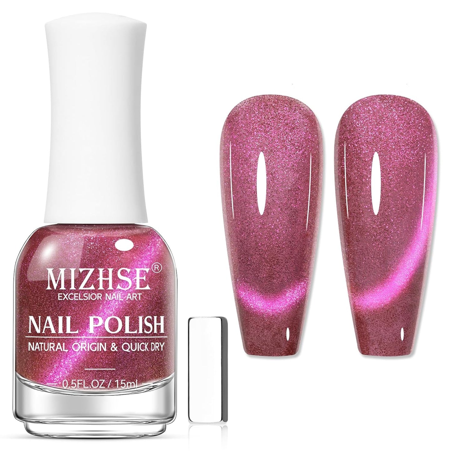 MIZHSE Quick Dry Cat Eye Nail Polish, Shimmery Pink Magnetic Nail Polish with Magnet, Air Drying Fast 15ml Plum Sauce Color Cateye Nail Lacquer for Women Girls Non-Gel Nail Art Manicure DIY Home