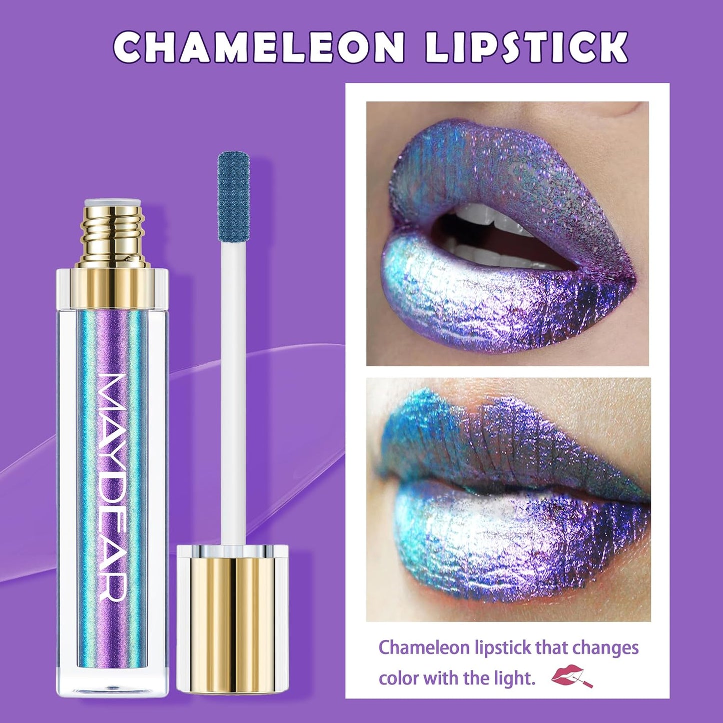 Maydear Chameleon Lipstick, High Pigmented for Women Metallic Shine Lip Gloss, Full-Coverage Multichrome Long Lasting Rainbow Makeup, Blue Purple