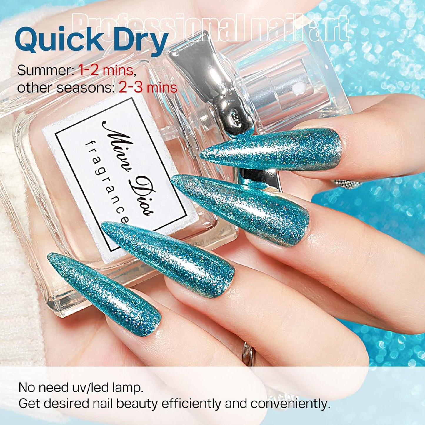 MIZHSE Quick Dry Glitter Blue Nail Polish, Fast Drying Nail Polish, 15ml High Glossy Sparkly Shiny Shimmer Nail Lacquer Nail Art Salon Manicure Home